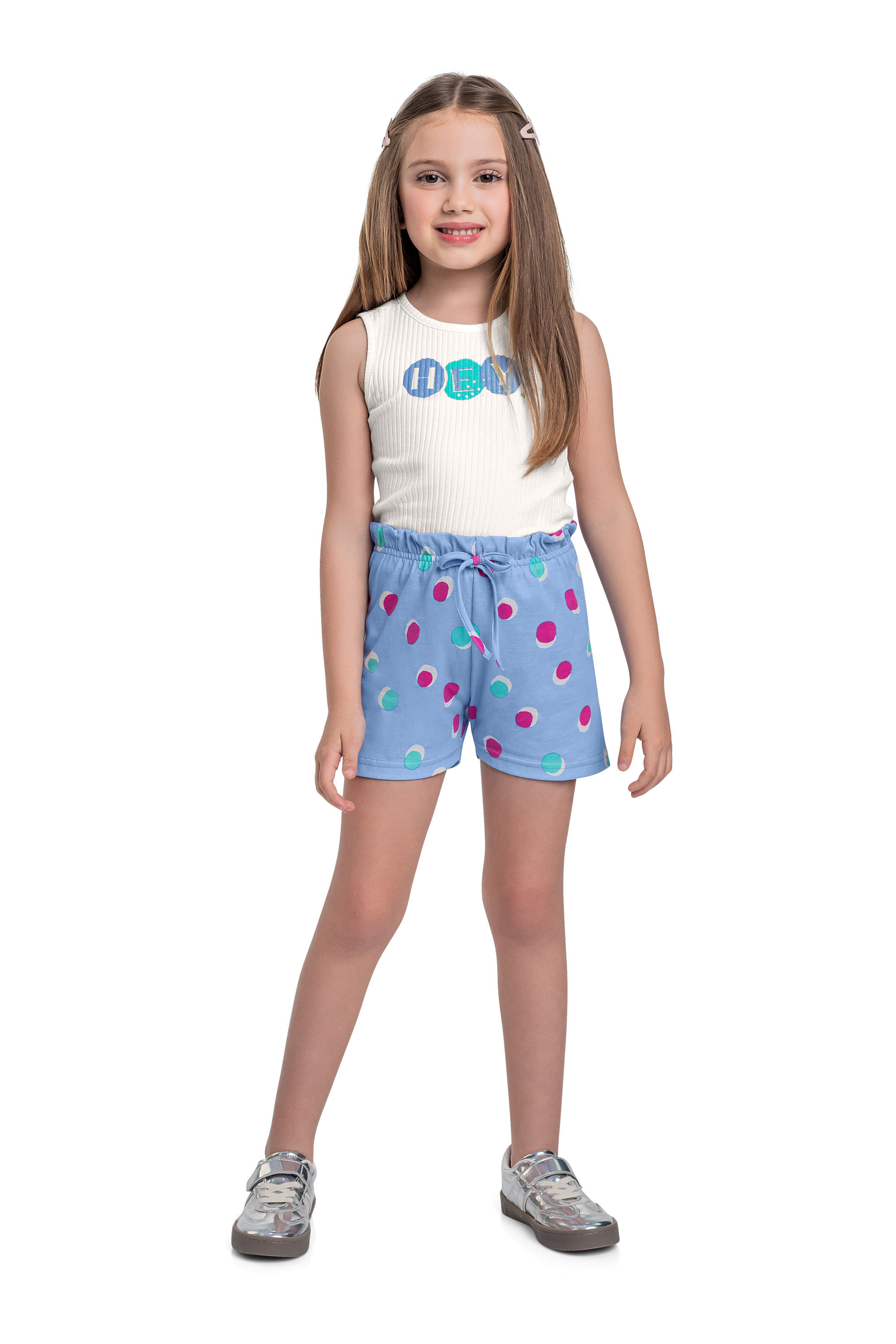 Conjunto com Regata Cropped e Short de Bolinhas para Menina (Off White) Bee Loop