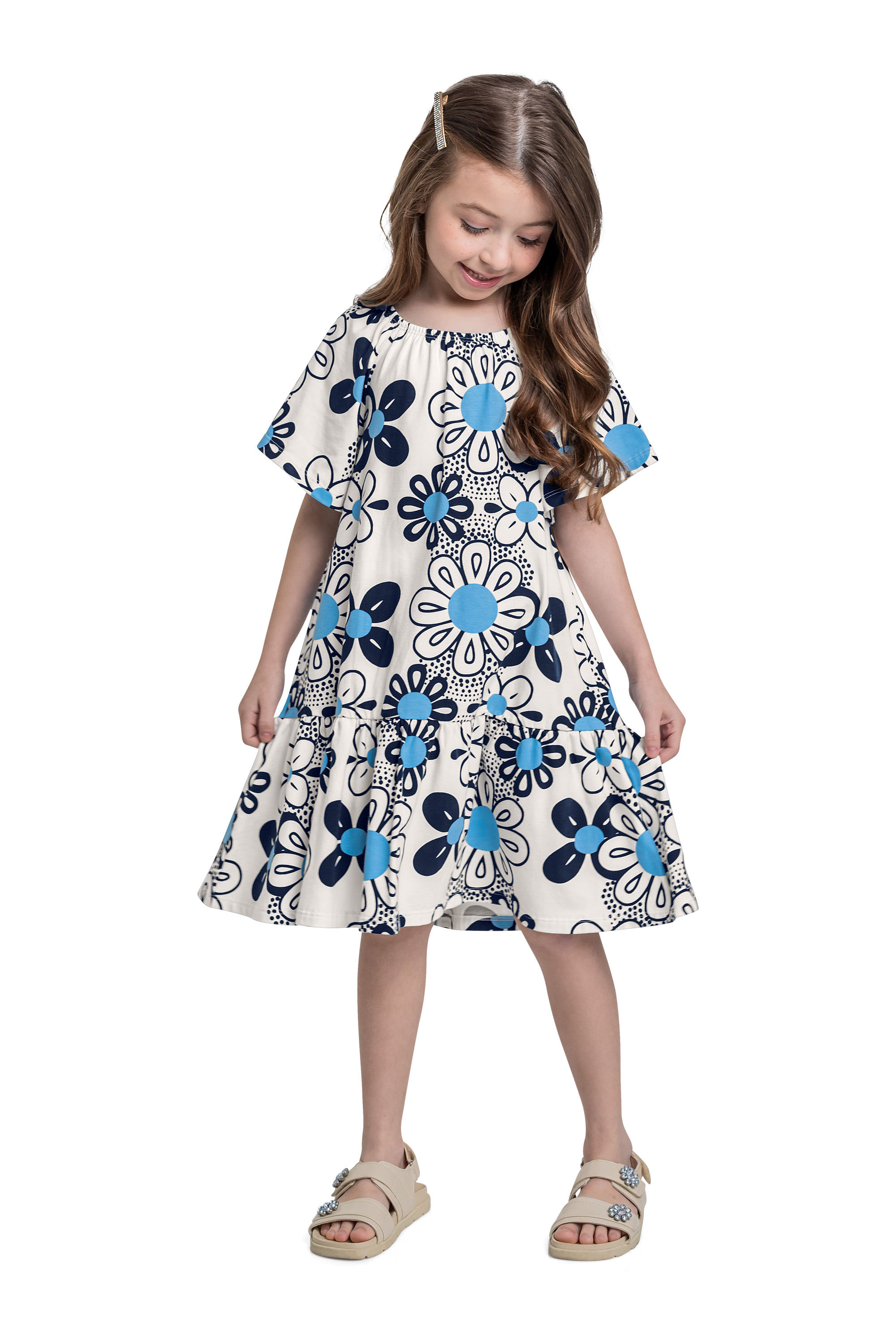 Vestido Floral em Cotton para Menina (Azul) Bee Loop