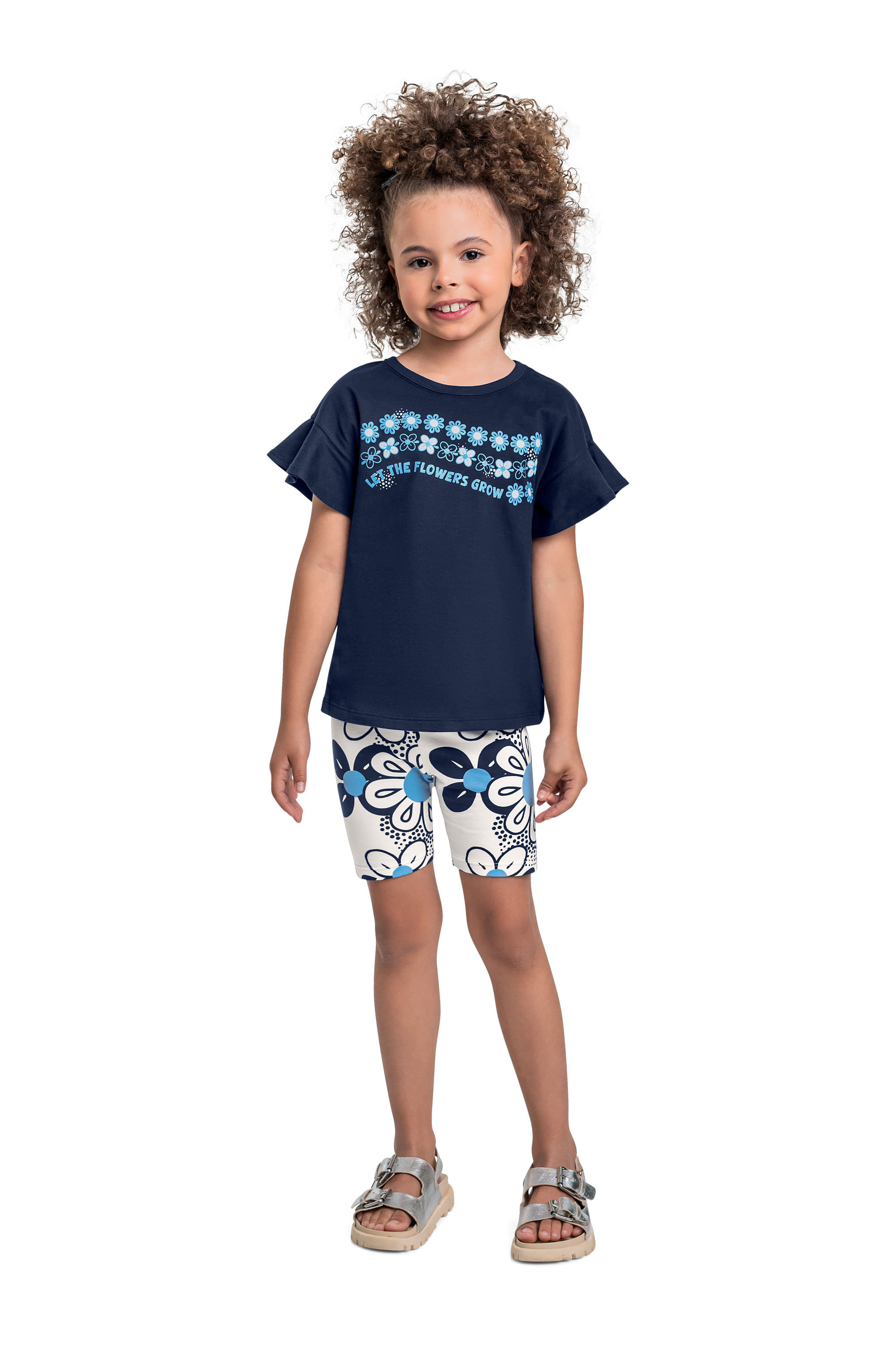 Conjunto com Blusa e Bermuda Ciclista Floral para Menina (Azul Marinho) Bee Loop