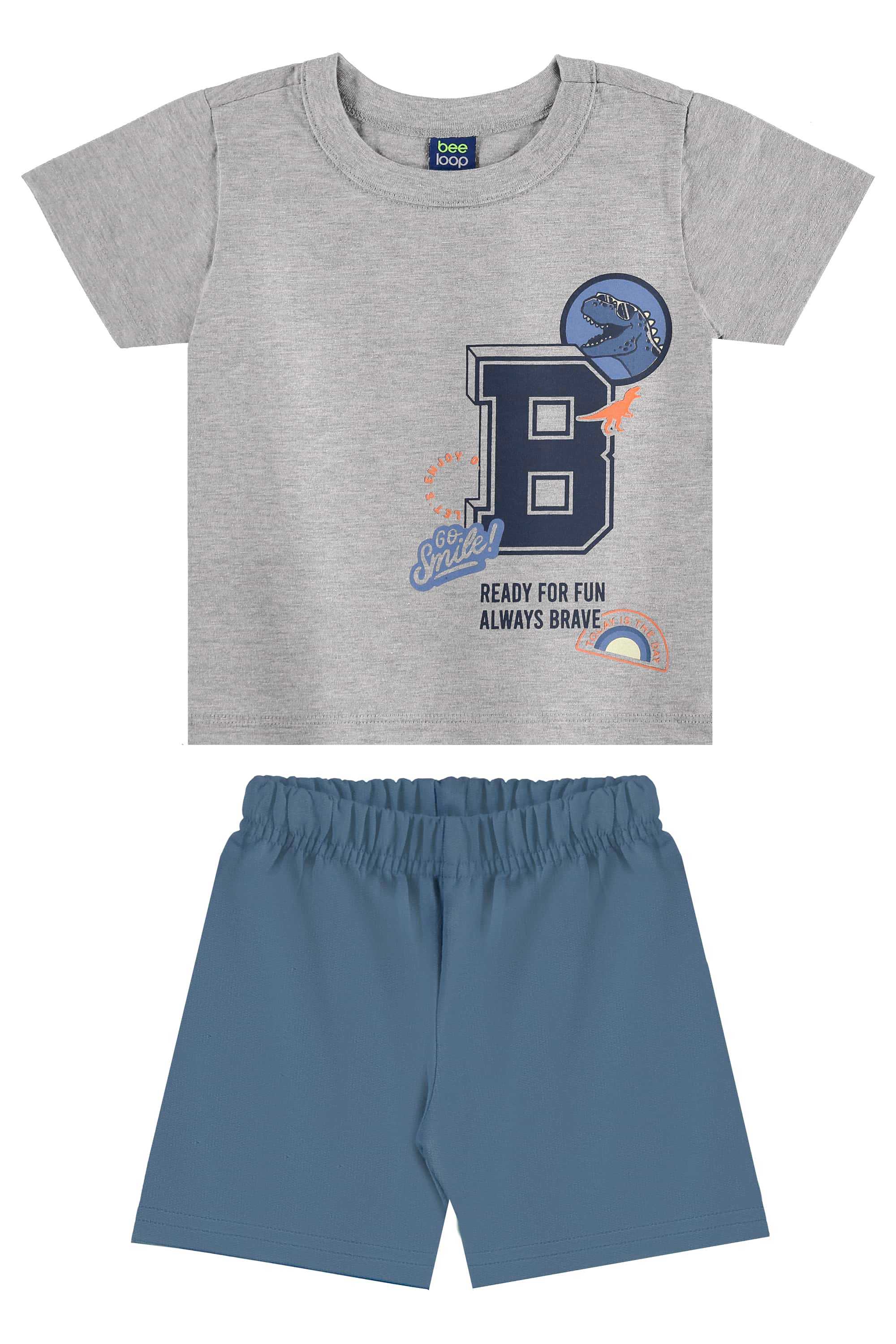 Conjunto com Camiseta de Dinossauro e Bermuda para Menino (Cinza) Bee Loop