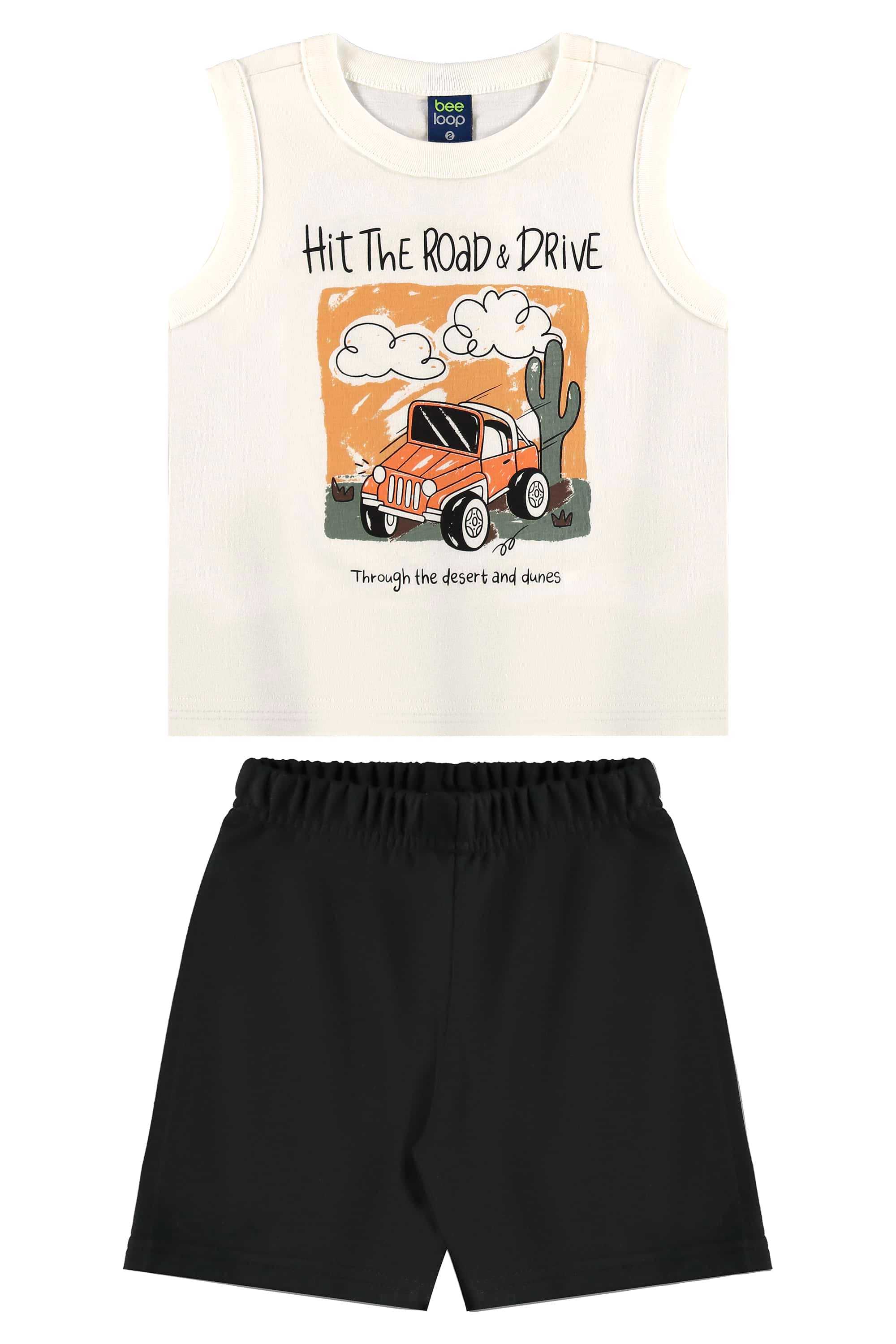 Conjunto com Regata de Carrinho e Bermuda para Menino (Off White) Bee Loop