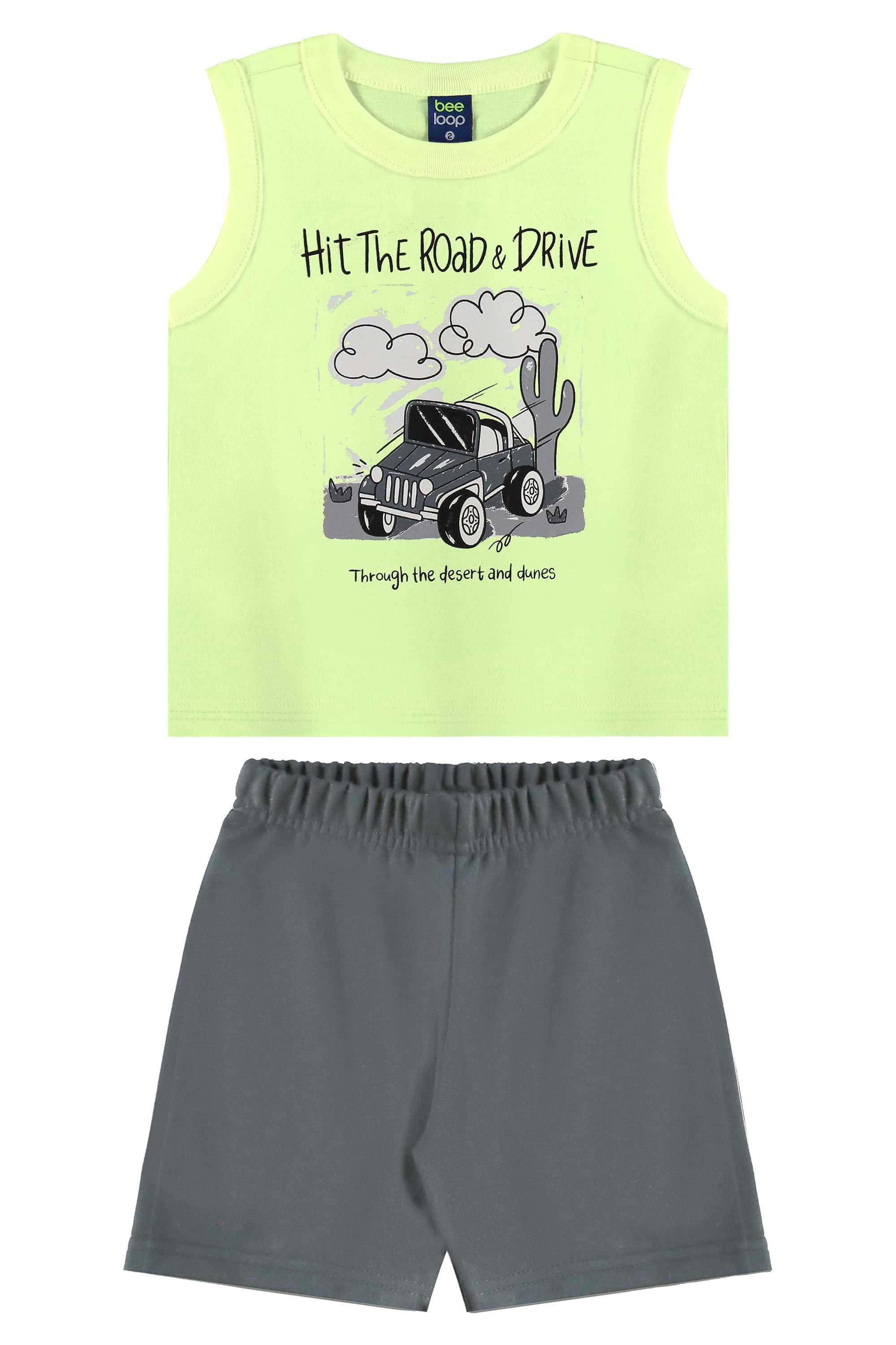 Conjunto com Regata de Carrinho e Bermuda para Menino (Verde) Bee Loop