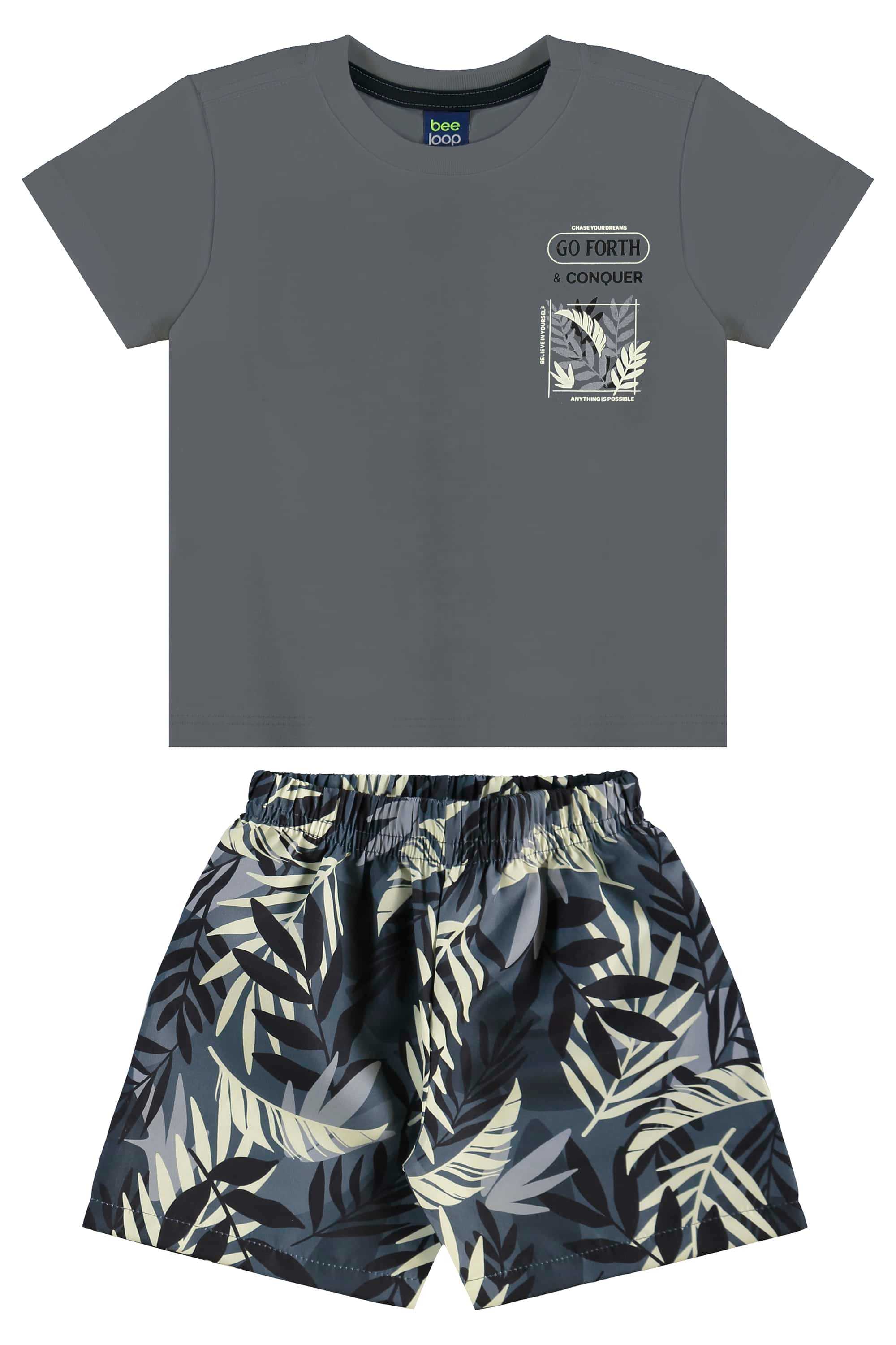 Conjunto com Camiseta e Bermuda com Folhas para Menino (Cinza) Bee Loop - Imagem 19