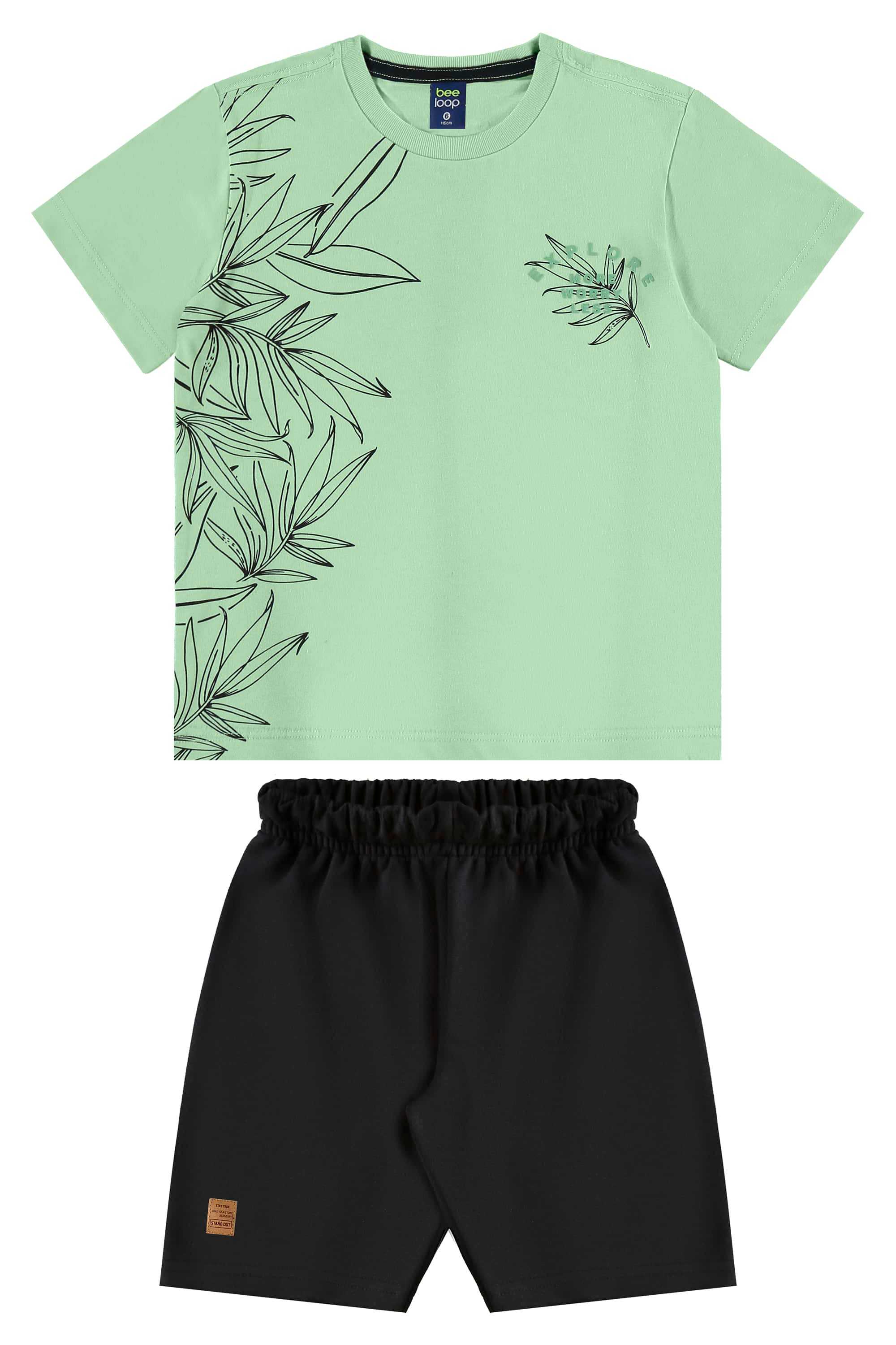 Conjunto com Camiseta de Folhas e Bermuda para Menino (Verde) Bee Loop