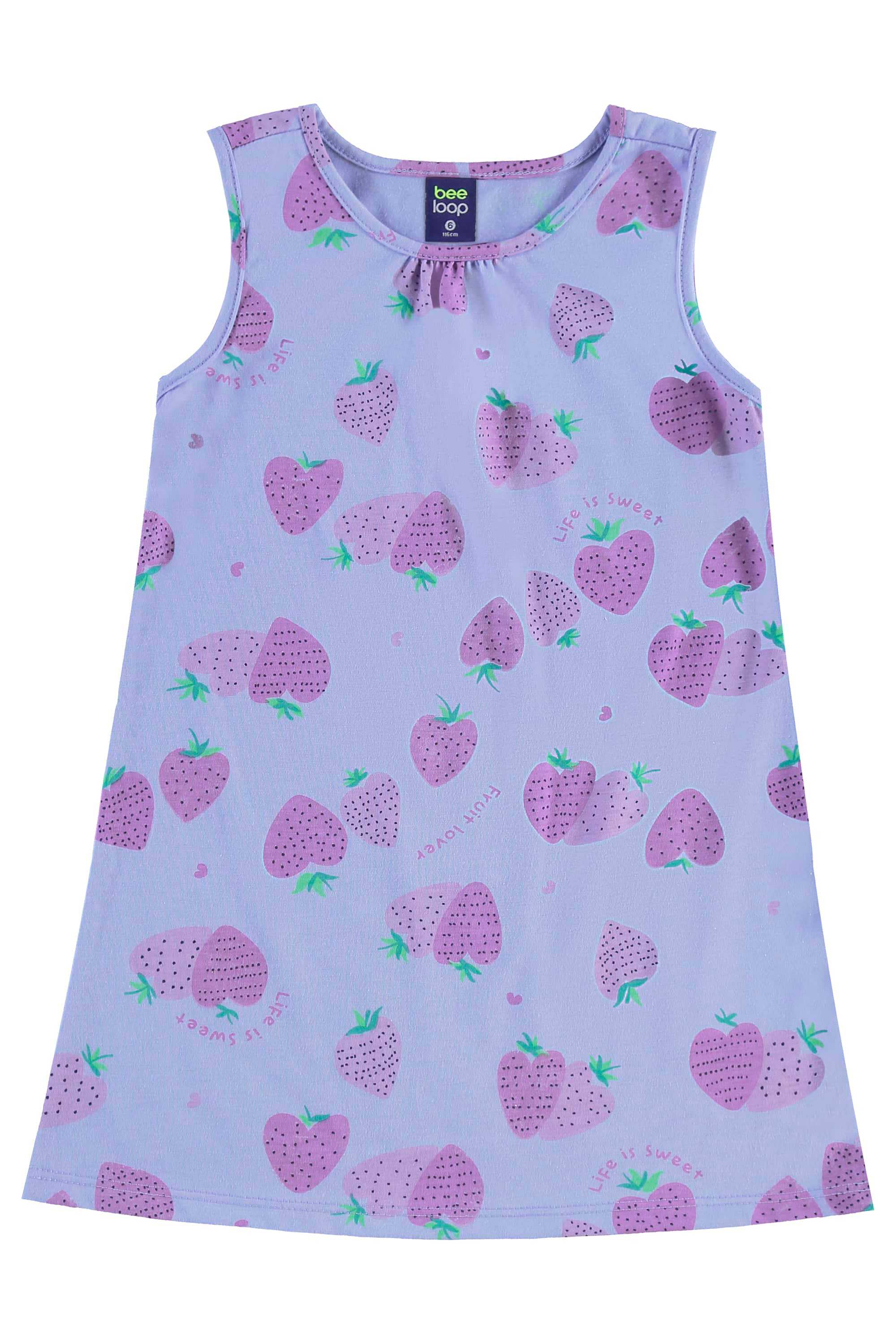 Vestido Infantil Morangos em Algodão (Roxo) Bee Loop