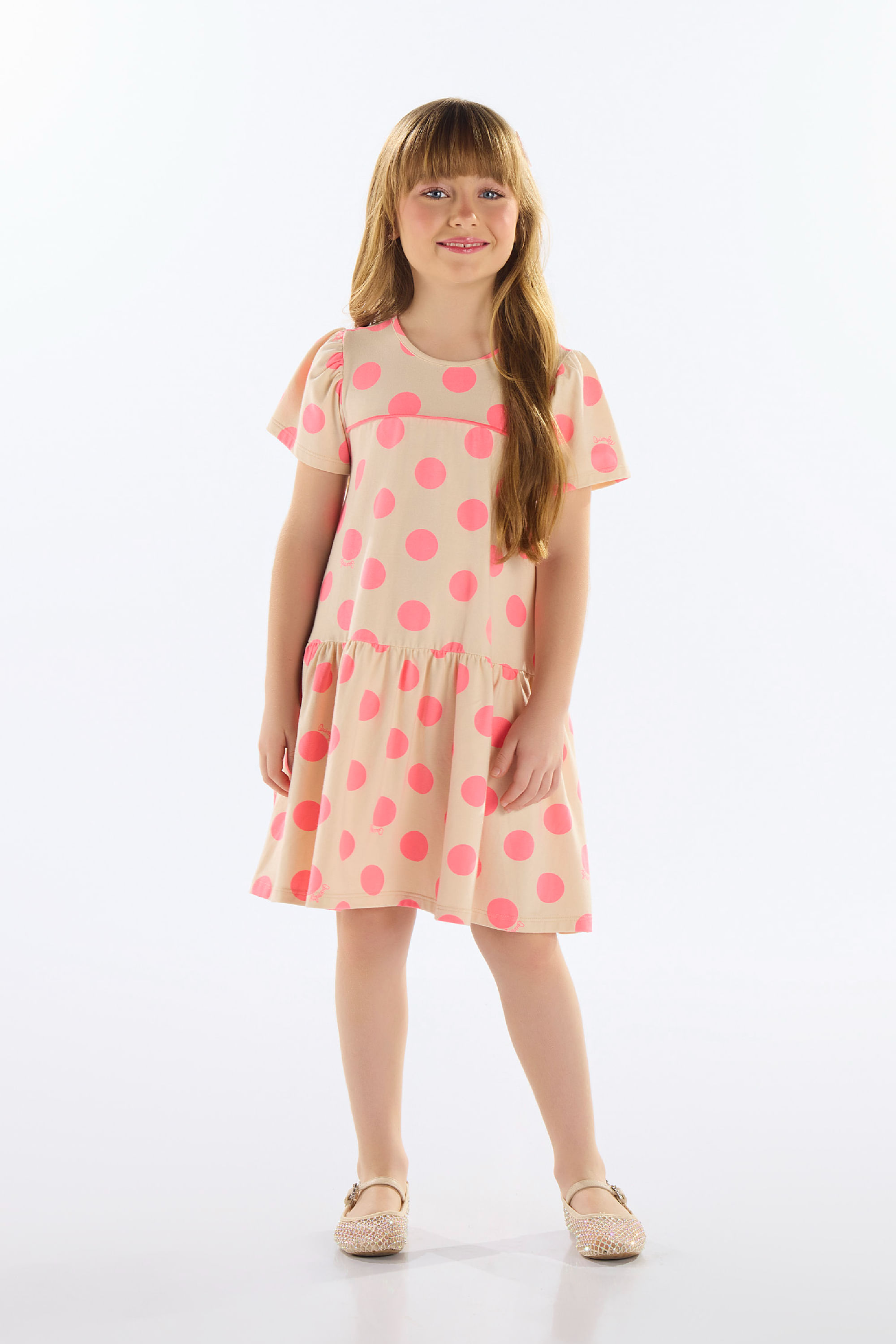 Vestido de Bolinhas Infantil em Cotton (Rosa) Quimby