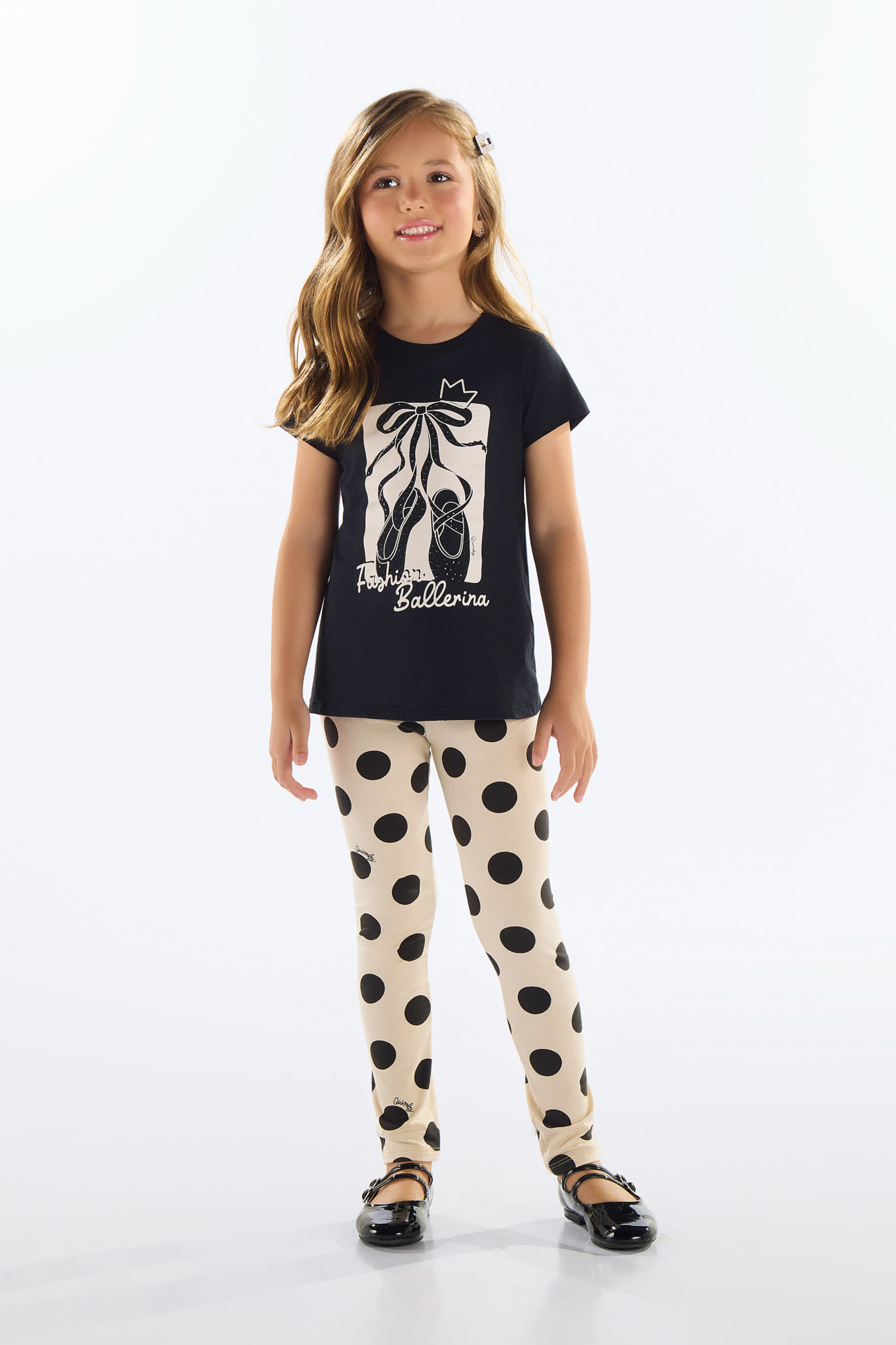 Conjunto com Blusa e Calça Legging de Bolinhas (Preto) Quimby