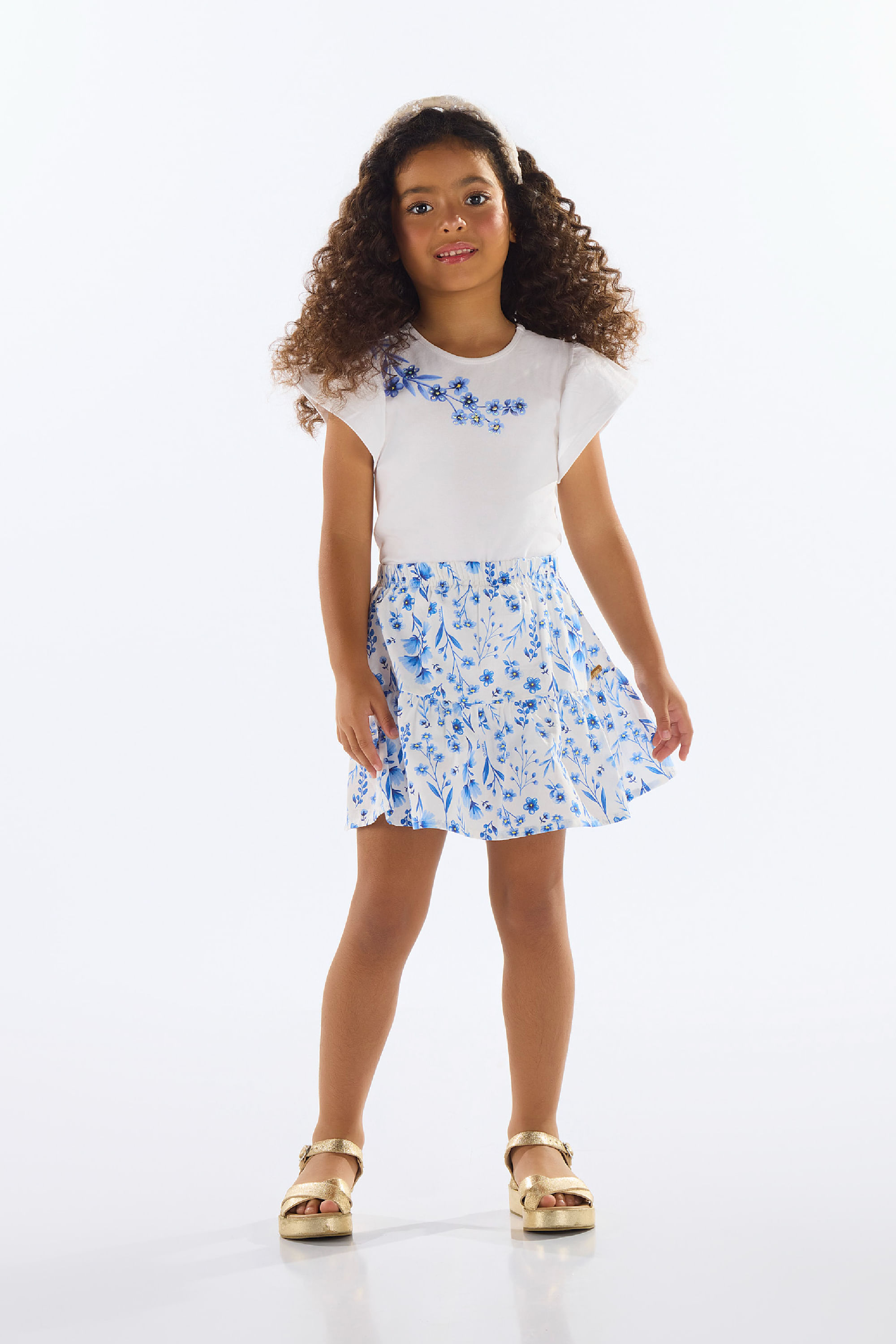 Conjunto Infantil com Blusa e Saia Floral (Azul) Quimby
