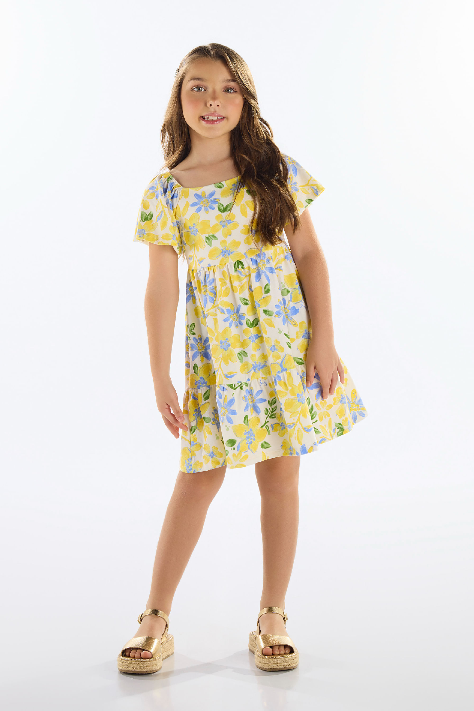 Vestido Infantil em Cotton Floral (Amarelo) Quimby