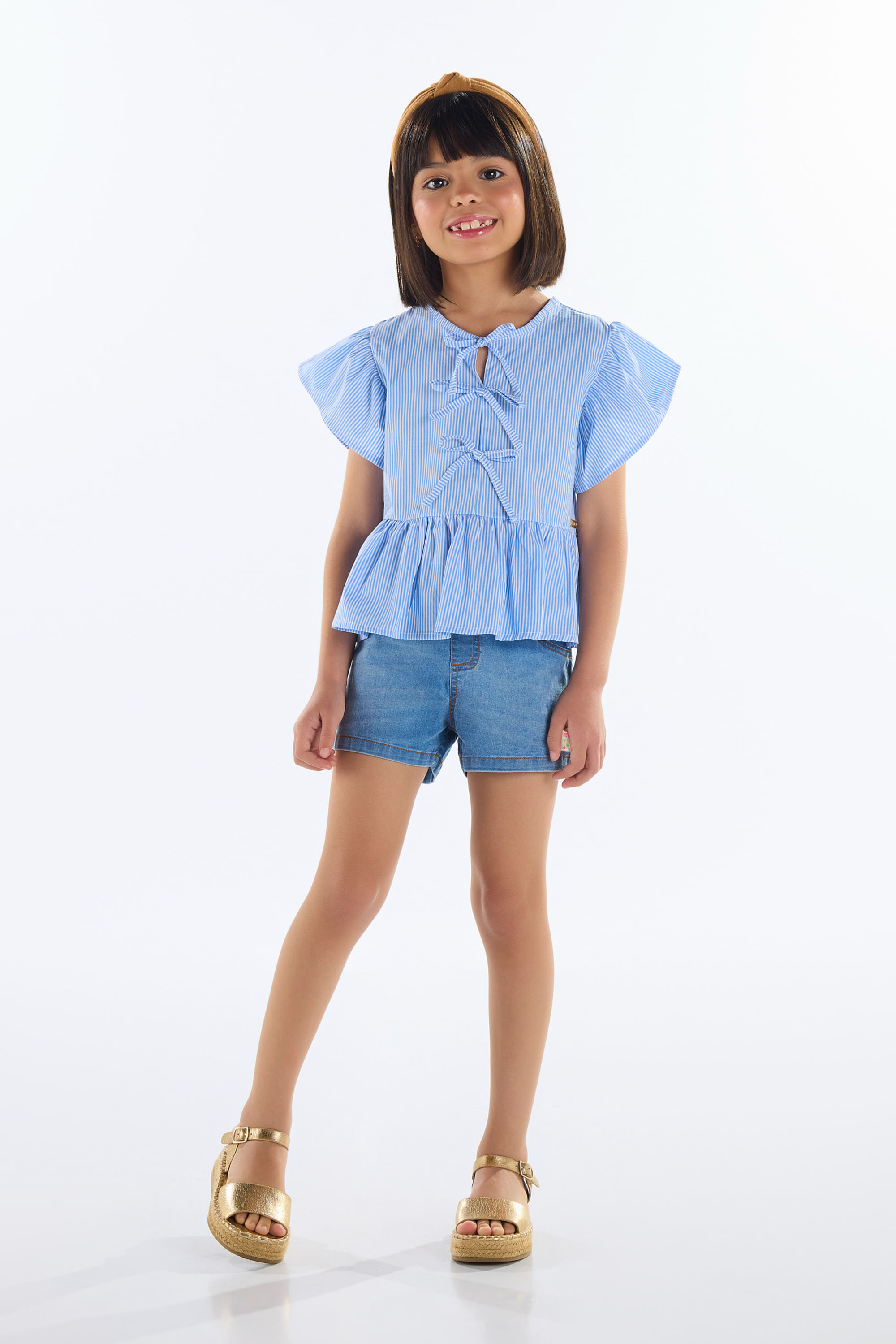 Bata Infantil Feminina em Algodão Listrado (Azul) Quimby - Imagem 13