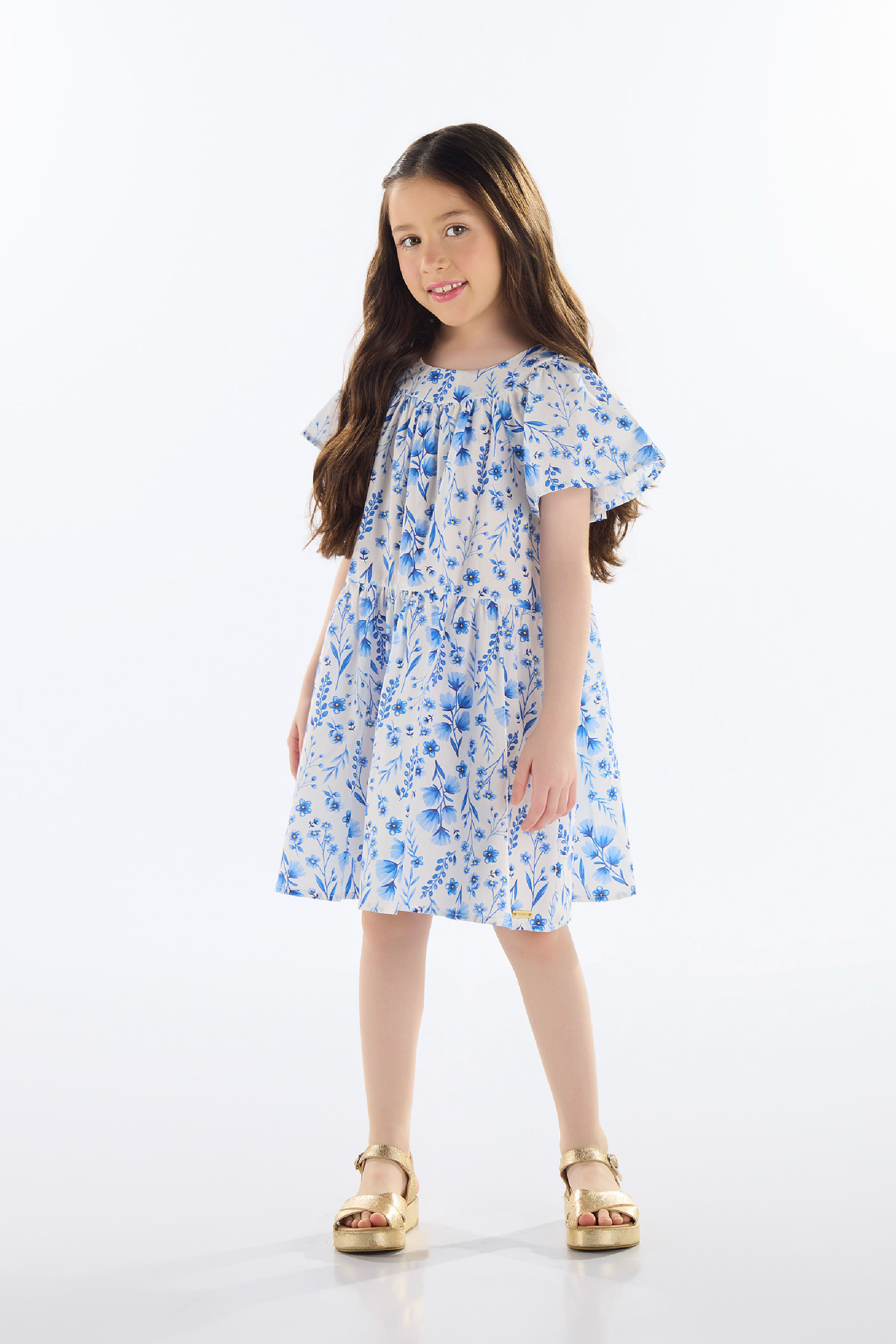Vestido Infantil Floral em Tricoline (Azul) Quimby - Imagem 4