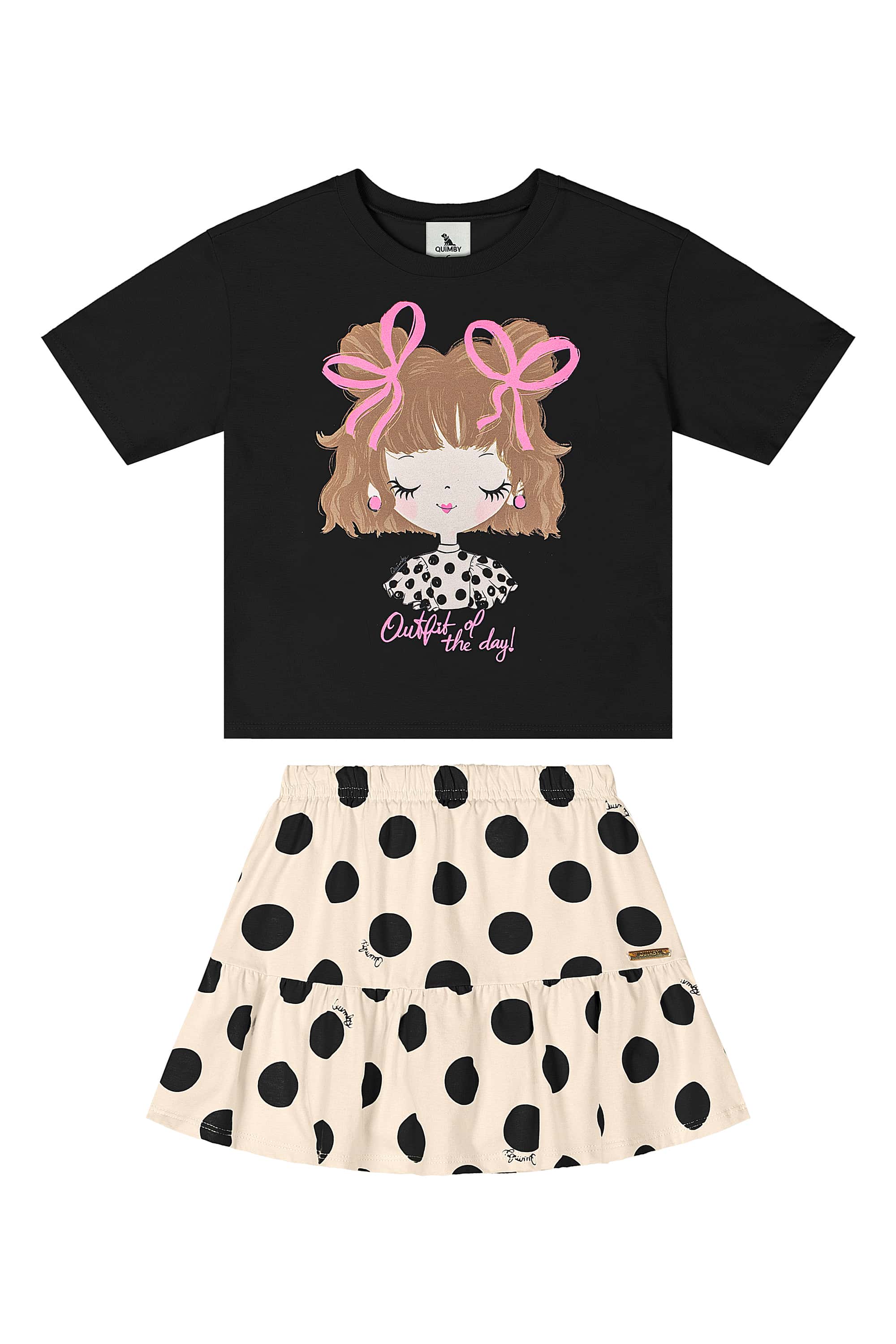 Conjunto Infantil com Blusa e Saia de Bolinhas (Preto) Quimby - Imagem 32