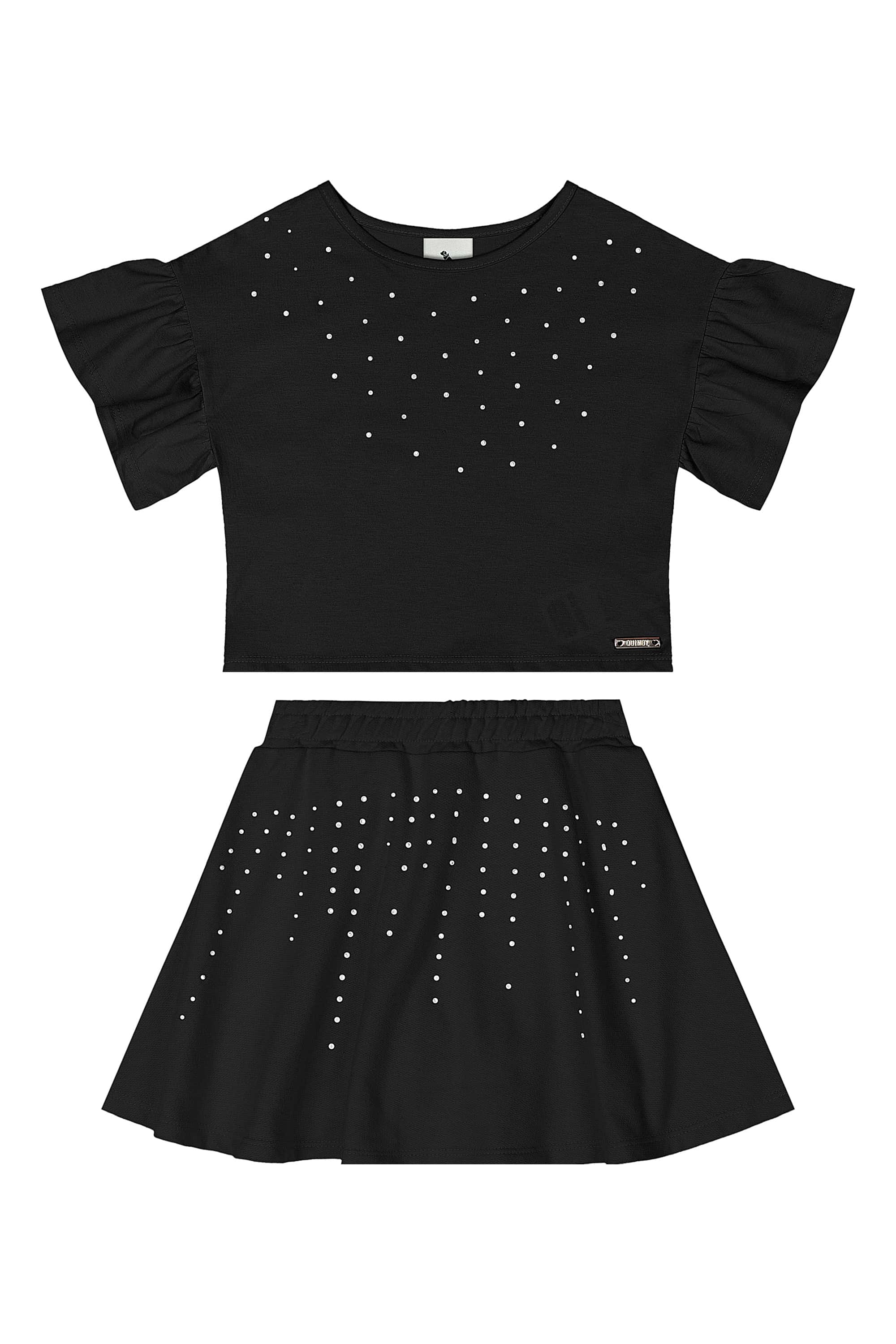 Conjunto Infantil com Blusa e Saia com Strass (Preto) Quimby - Imagem 32