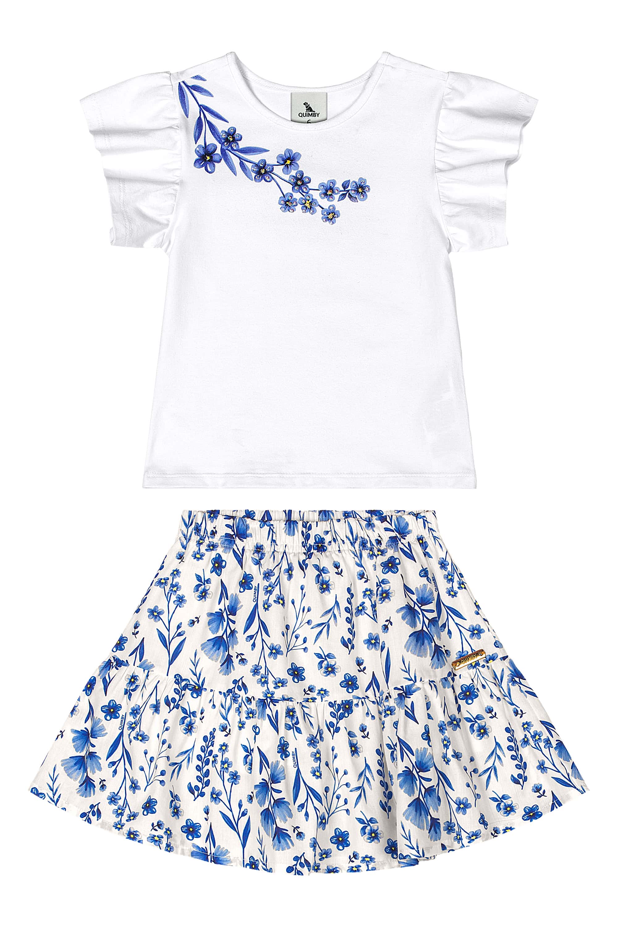 Conjunto Infantil com Blusa e Saia Floral (Azul) Quimby - Imagem 32