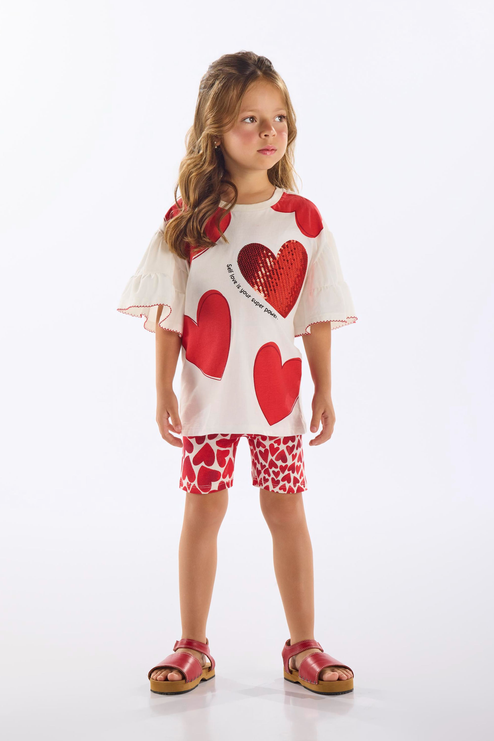 Conjunto Infantil com Bata e Bermuda Ciclista de Corações (Off White) Up Baby