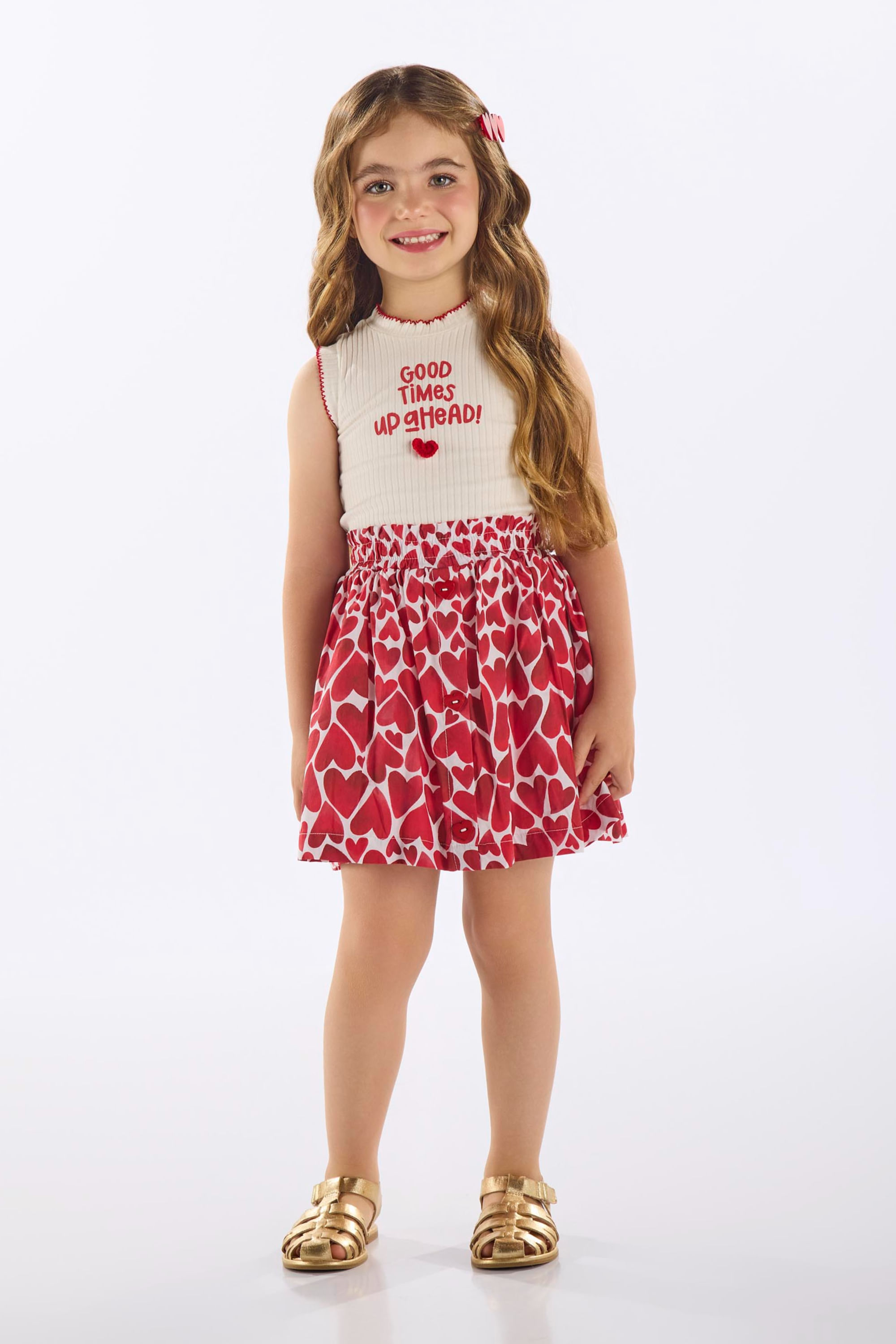 Conjunto Infantil com Regata Canelada e Saia de Corações (Off White) Up Baby