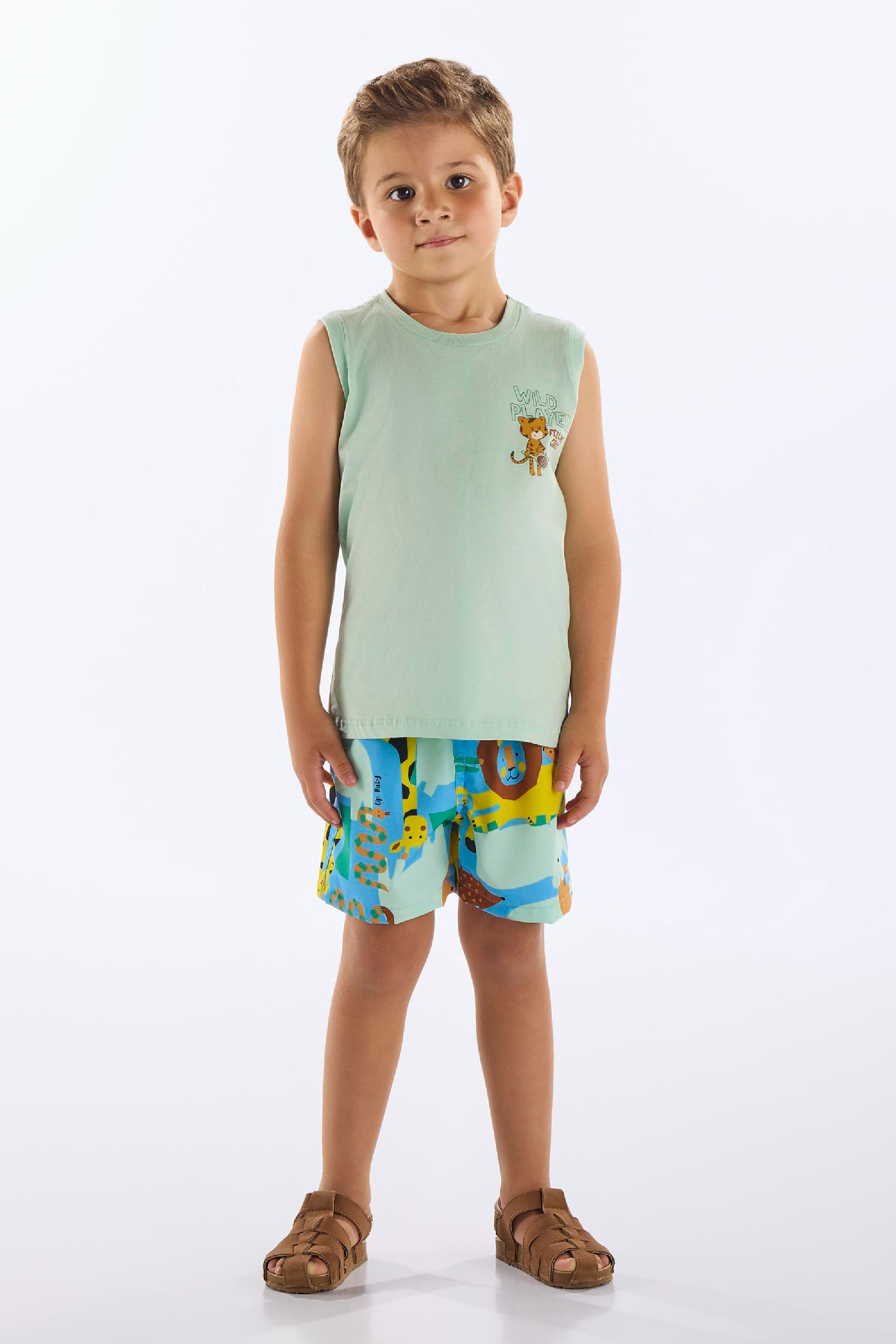 Conjunto com Regata e Short Animais Infantil Masculino (Verde Claro) Up Baby