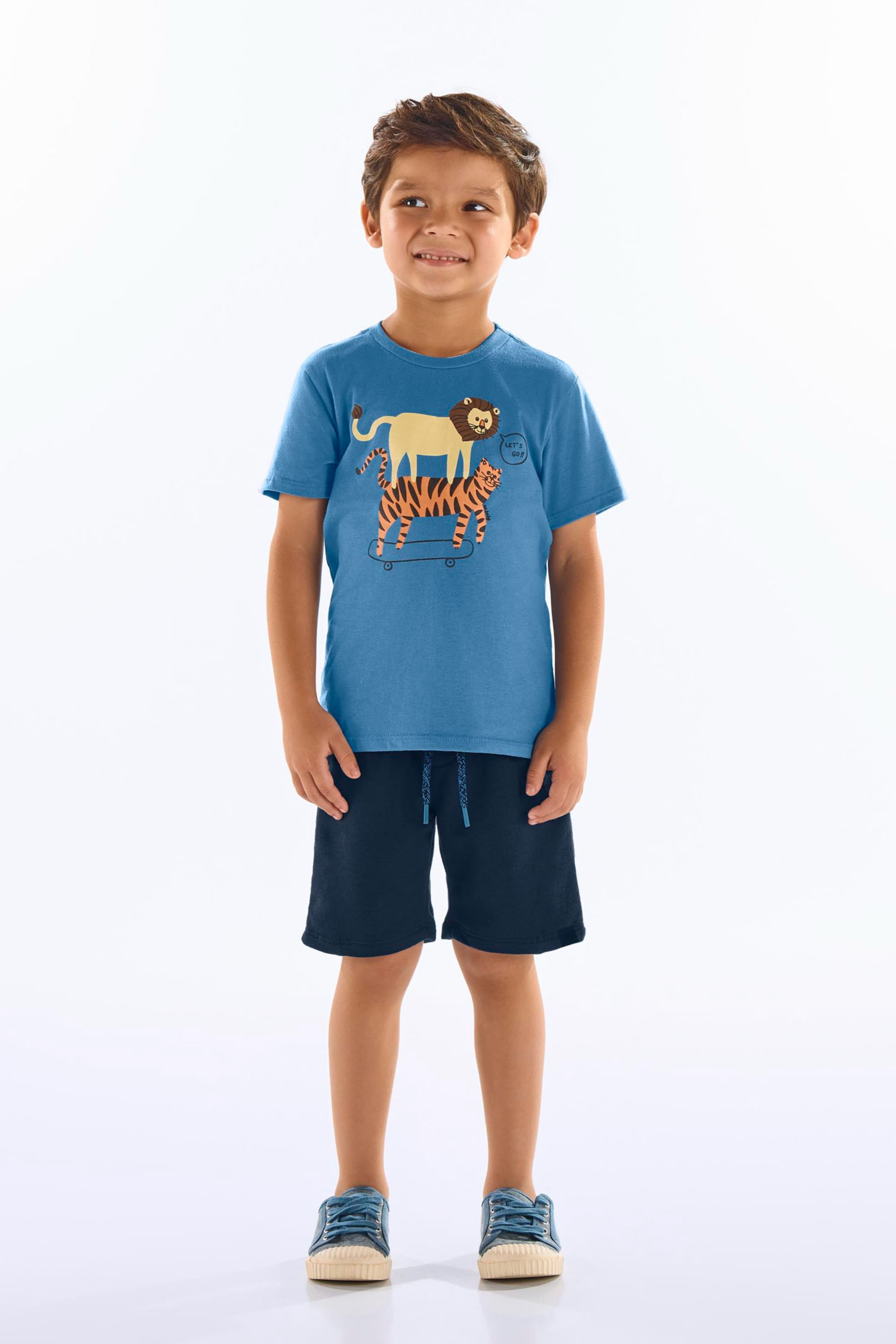 Conjunto com Camiseta Animais e Bermuda Infantil Masculino (Azul) Up Baby