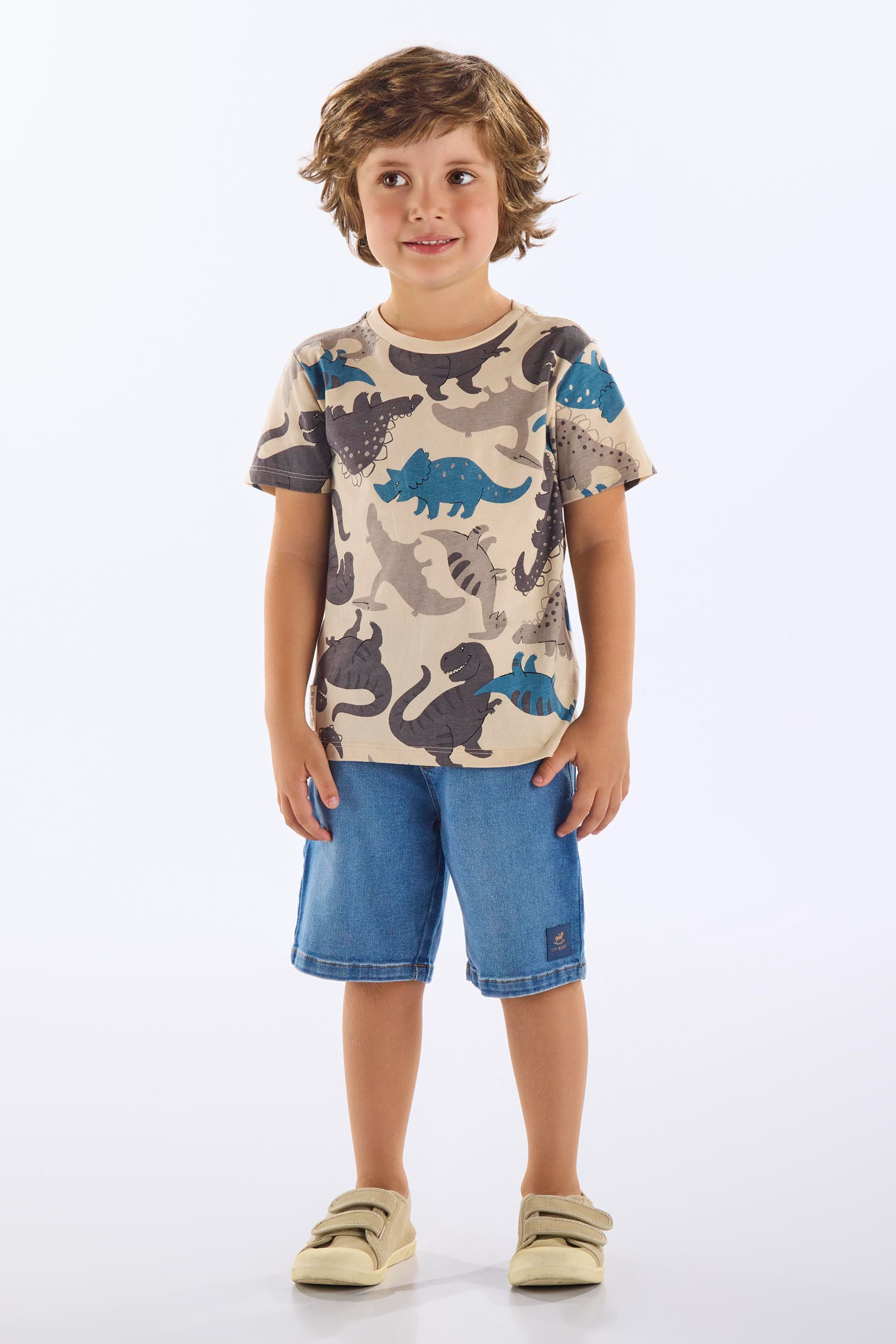 Camiseta Dino em Algodão Infantil Masculina (Bege) Up Baby