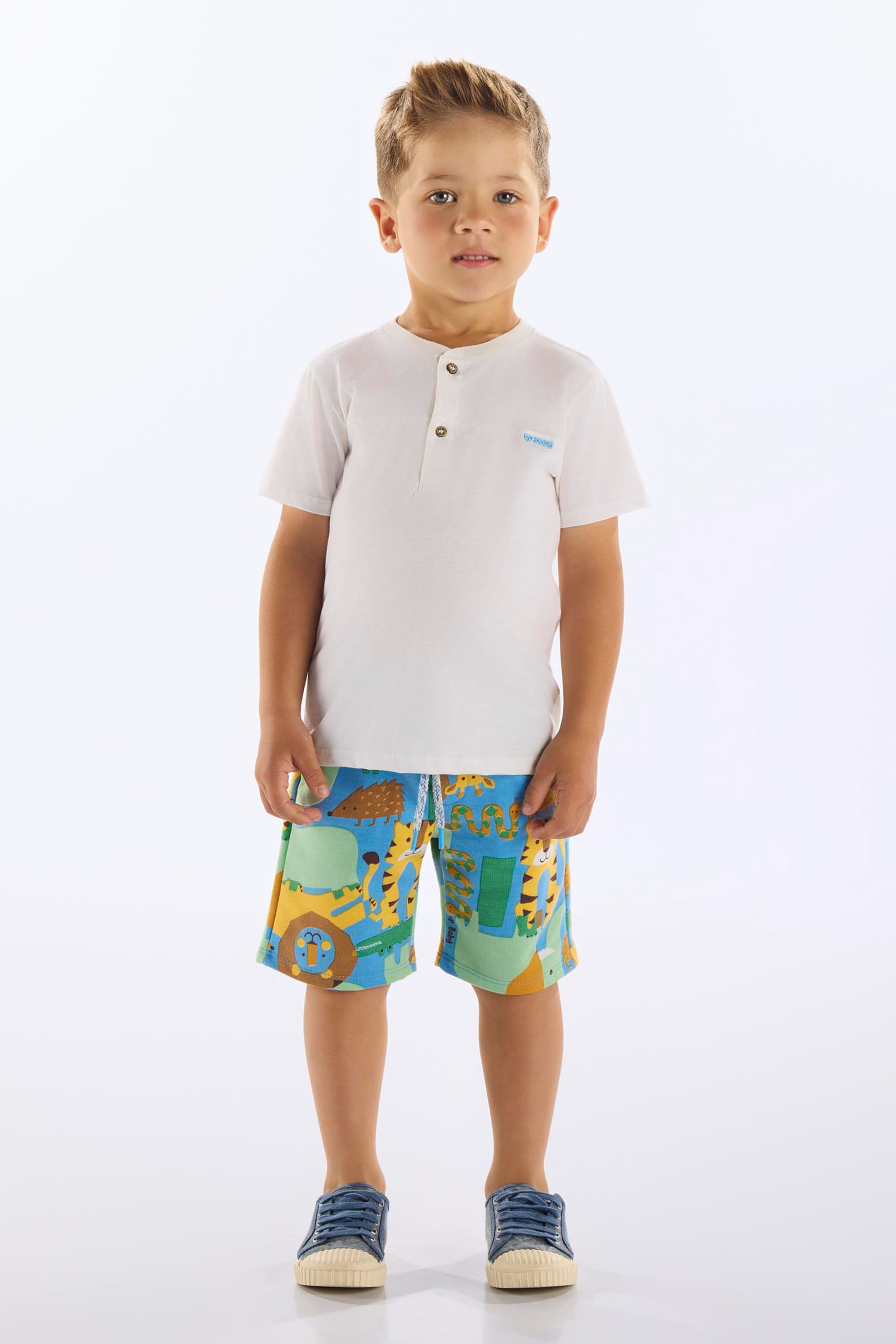 Conjunto Infantil Masculino com Camiseta e Bermuda Animais (Off White) Up Baby