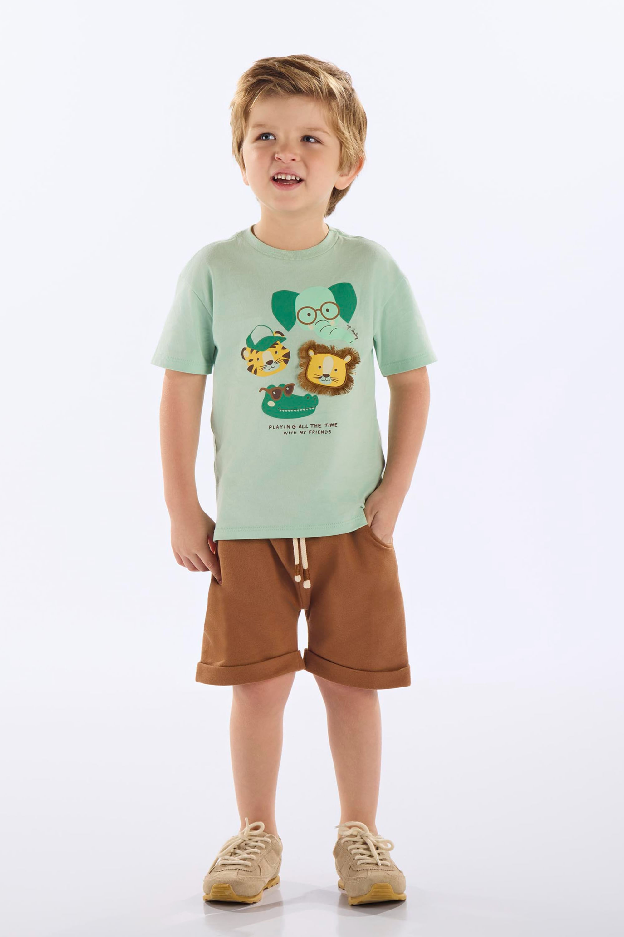 Conjunto Infantil Masculino com Camiseta Animais e Bermuda (Verde) Up Baby
