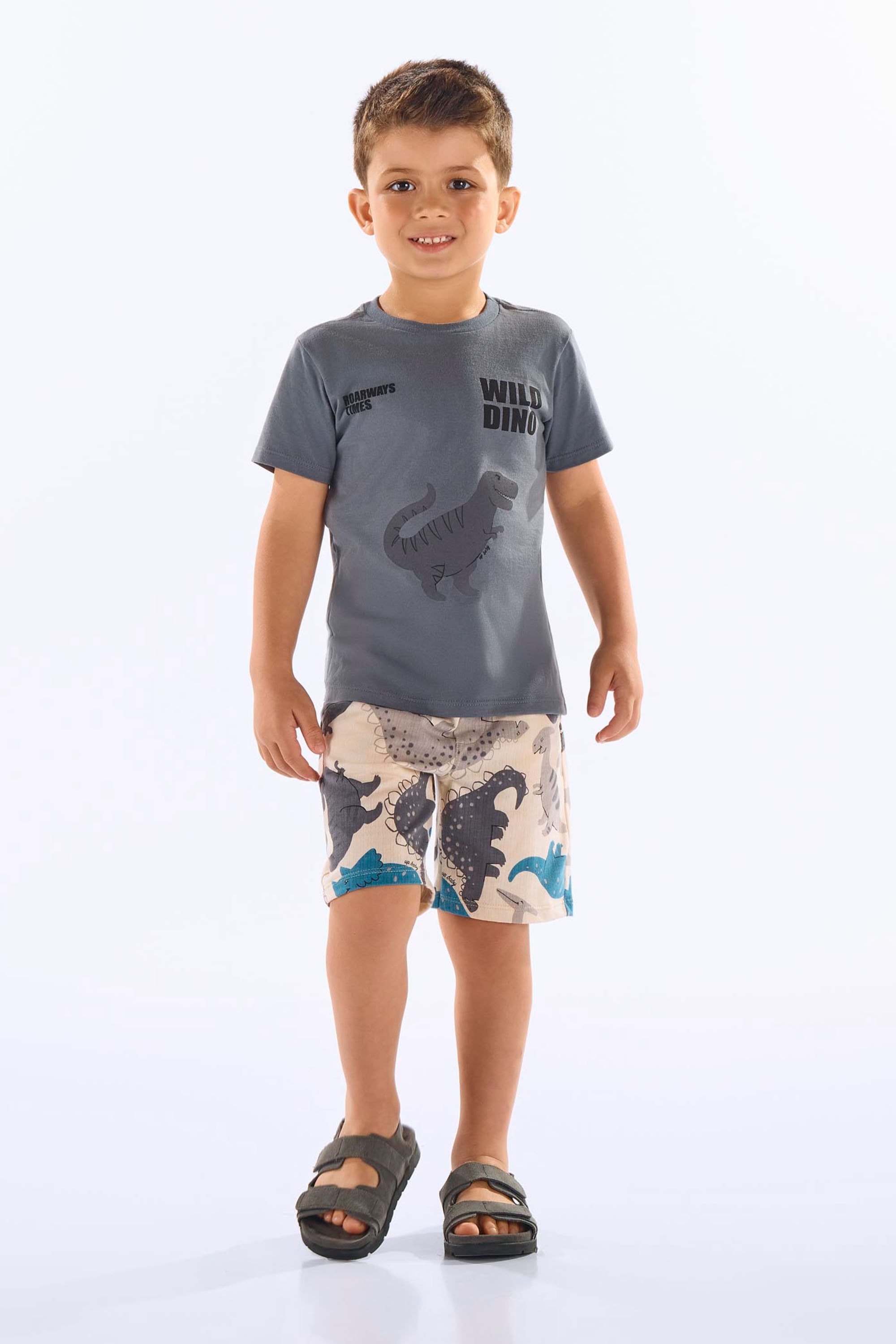 Conjunto Dino Infantil Masculino com Camiseta e Bermuda (Cinza) Up Baby