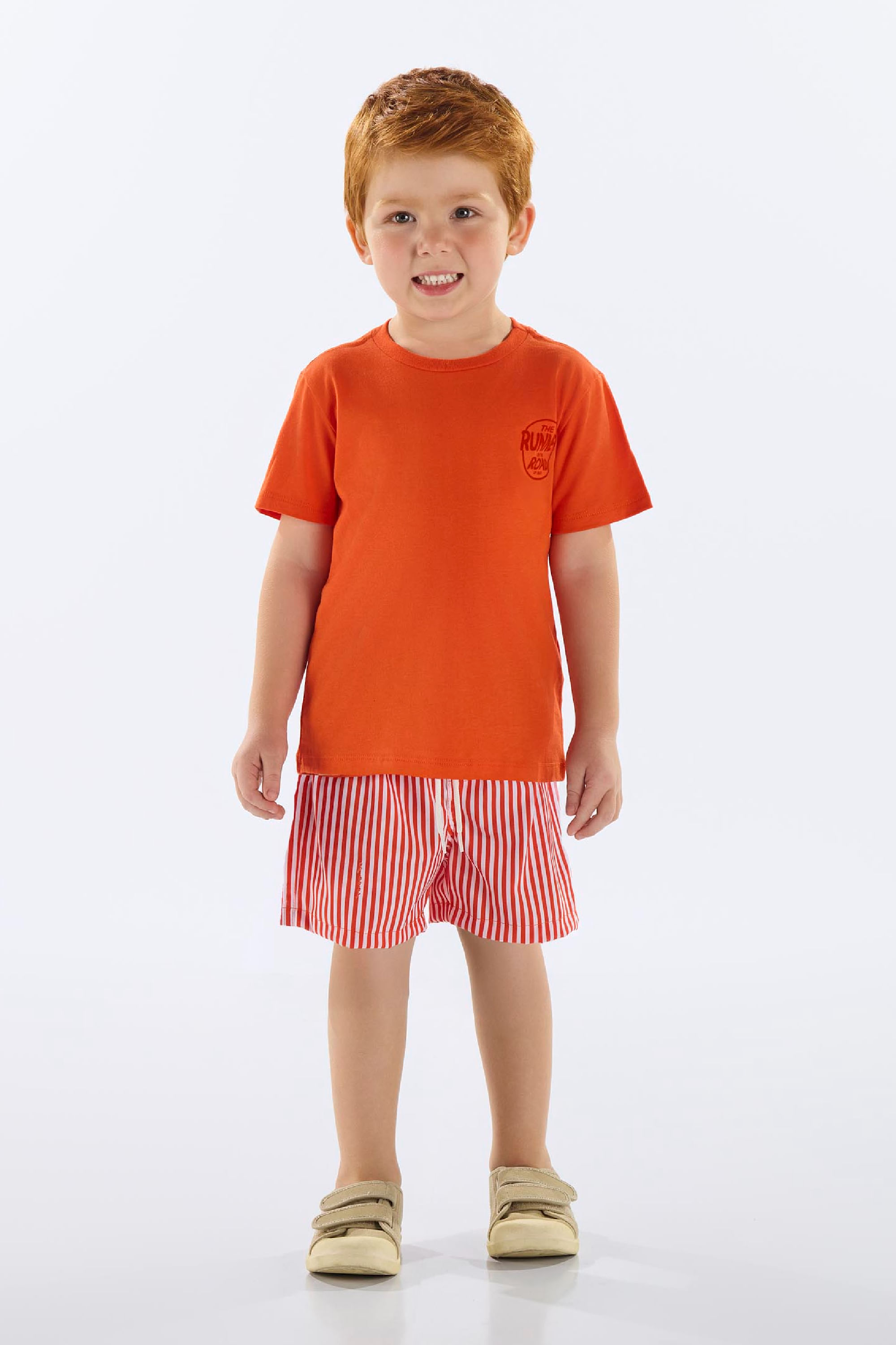 Conjunto Infantil Masculino com Camiseta e Short Listrado (Laranja) Up Baby