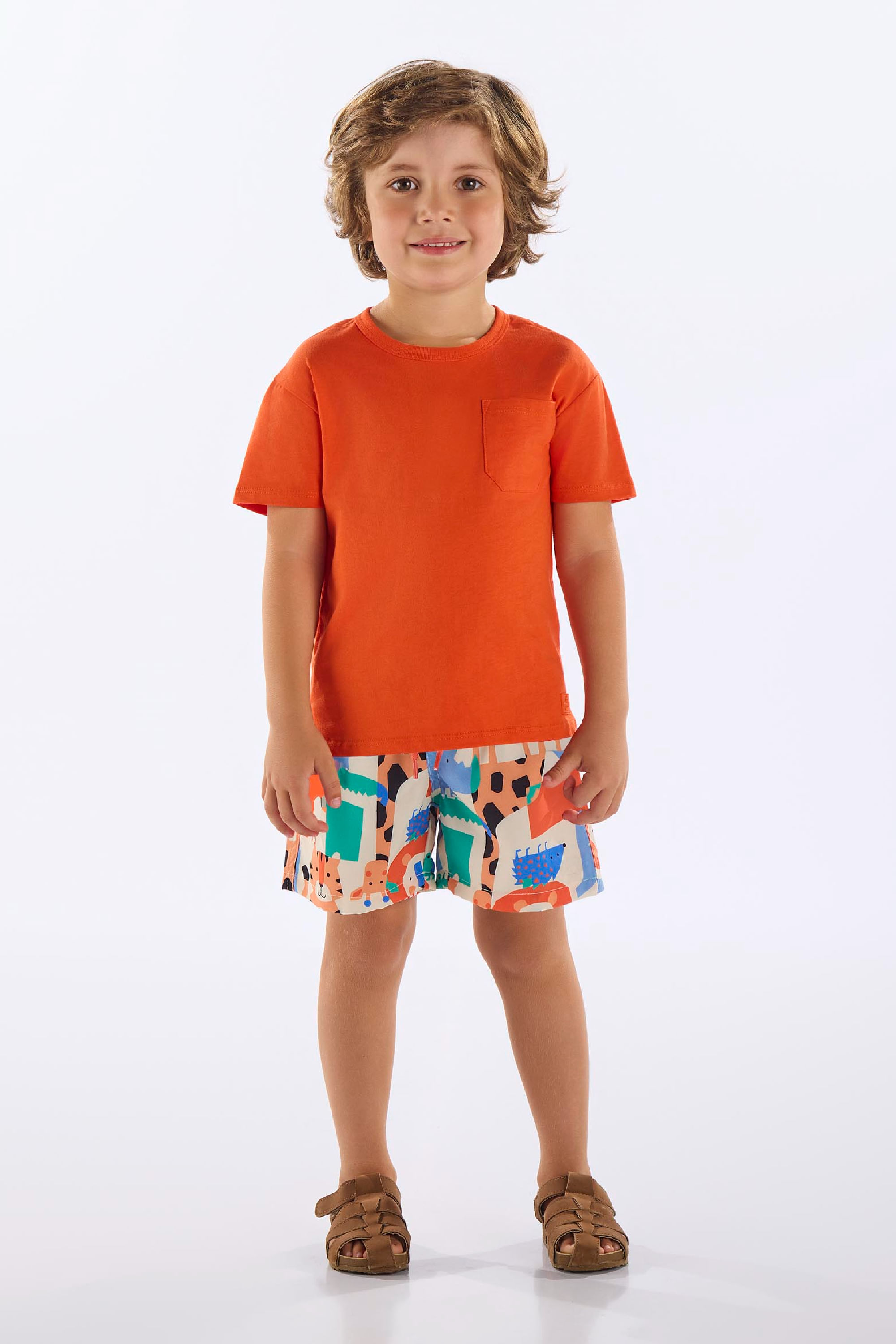 Conjunto Infantil Masculino com Camiseta e Short Animais (Laranja) Up Baby