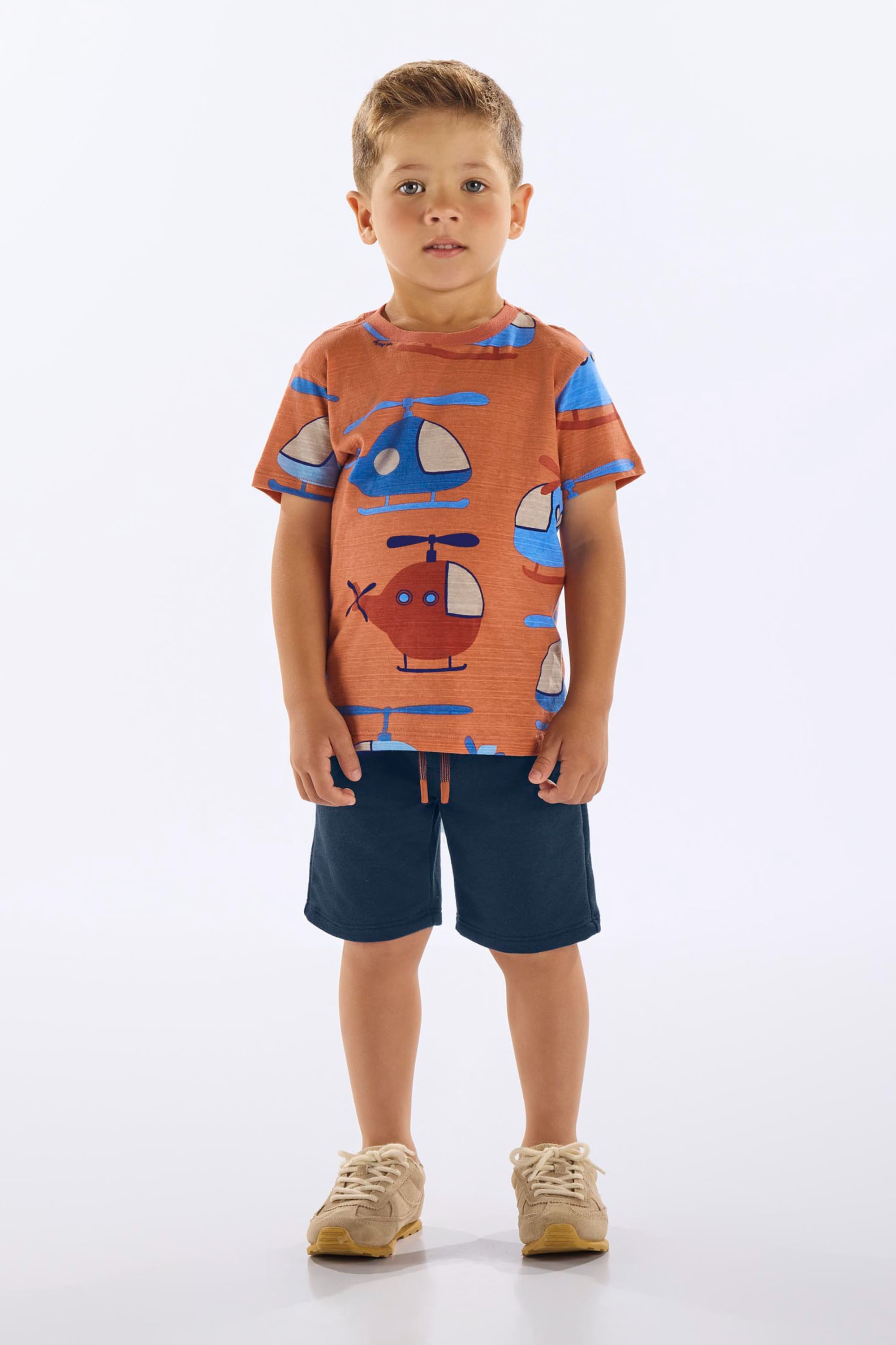 Conjunto com Camiseta Helicópteros e Bermuda Infantil Masculino (Marrom) Up Baby