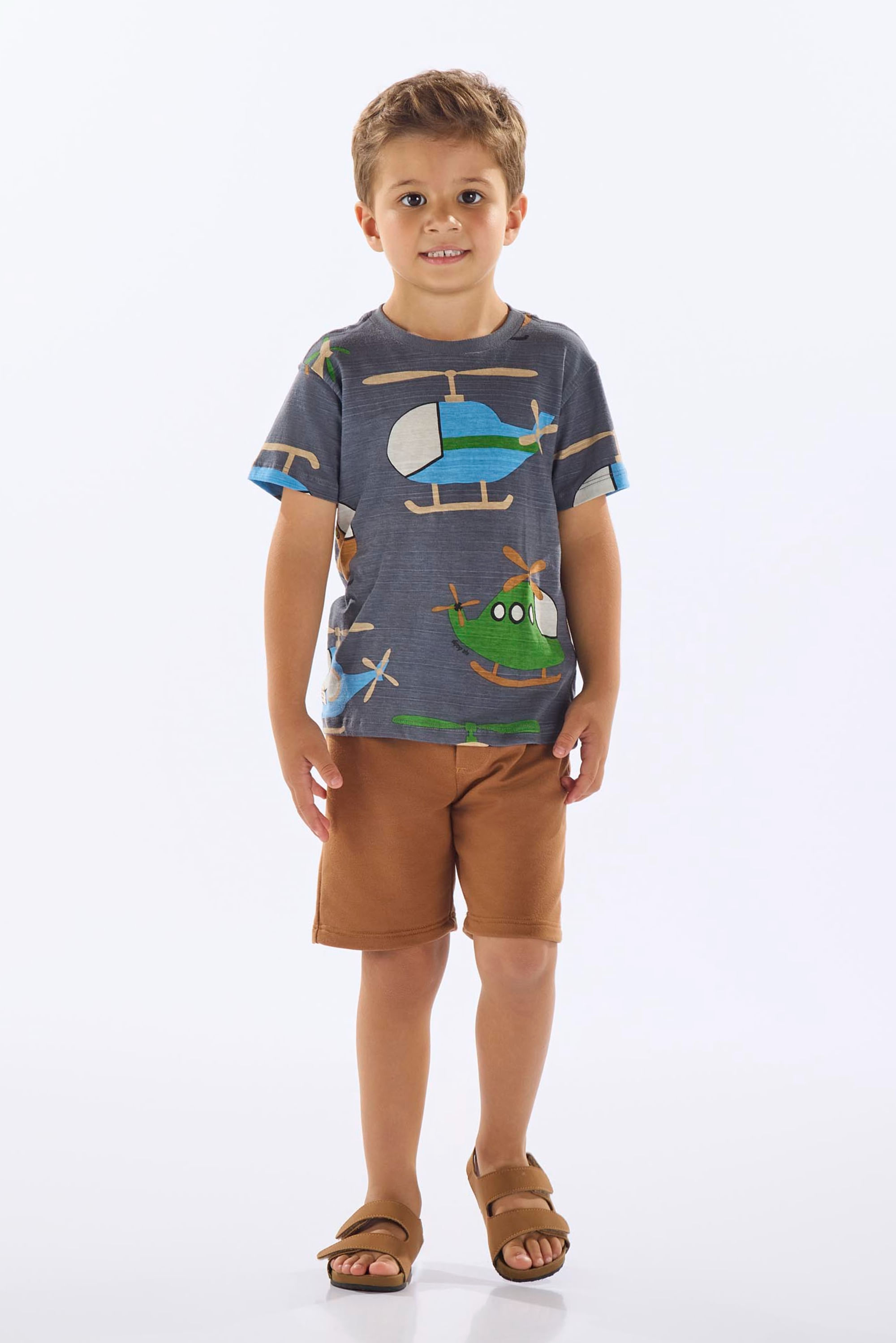 Conjunto com Camiseta Helicópteros e Bermuda Infantil Masculino (Cinza Escuro) Up Baby