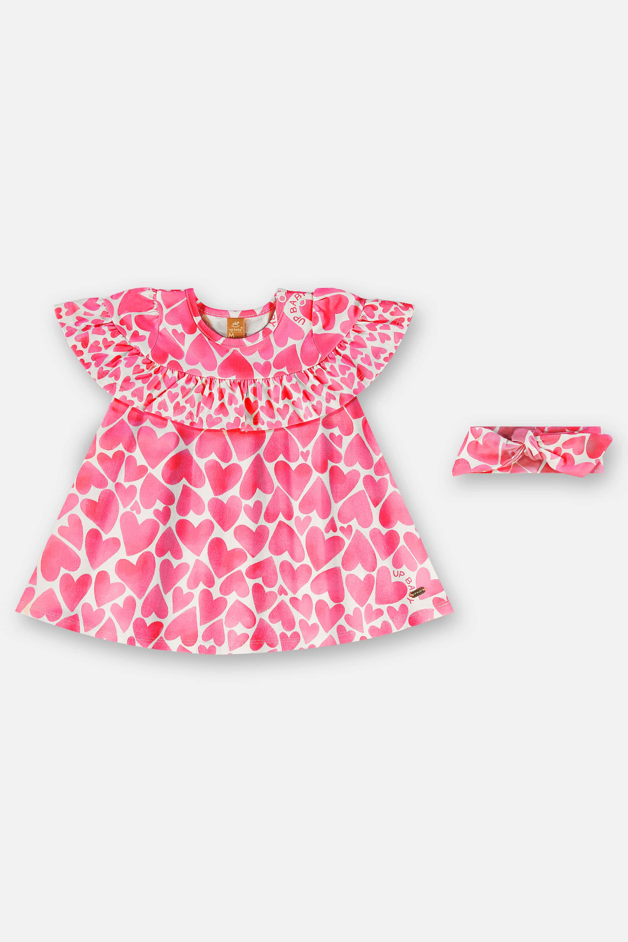 Vestido e Faixa Corações em Algodão para Bebê (Rosa) Up Baby