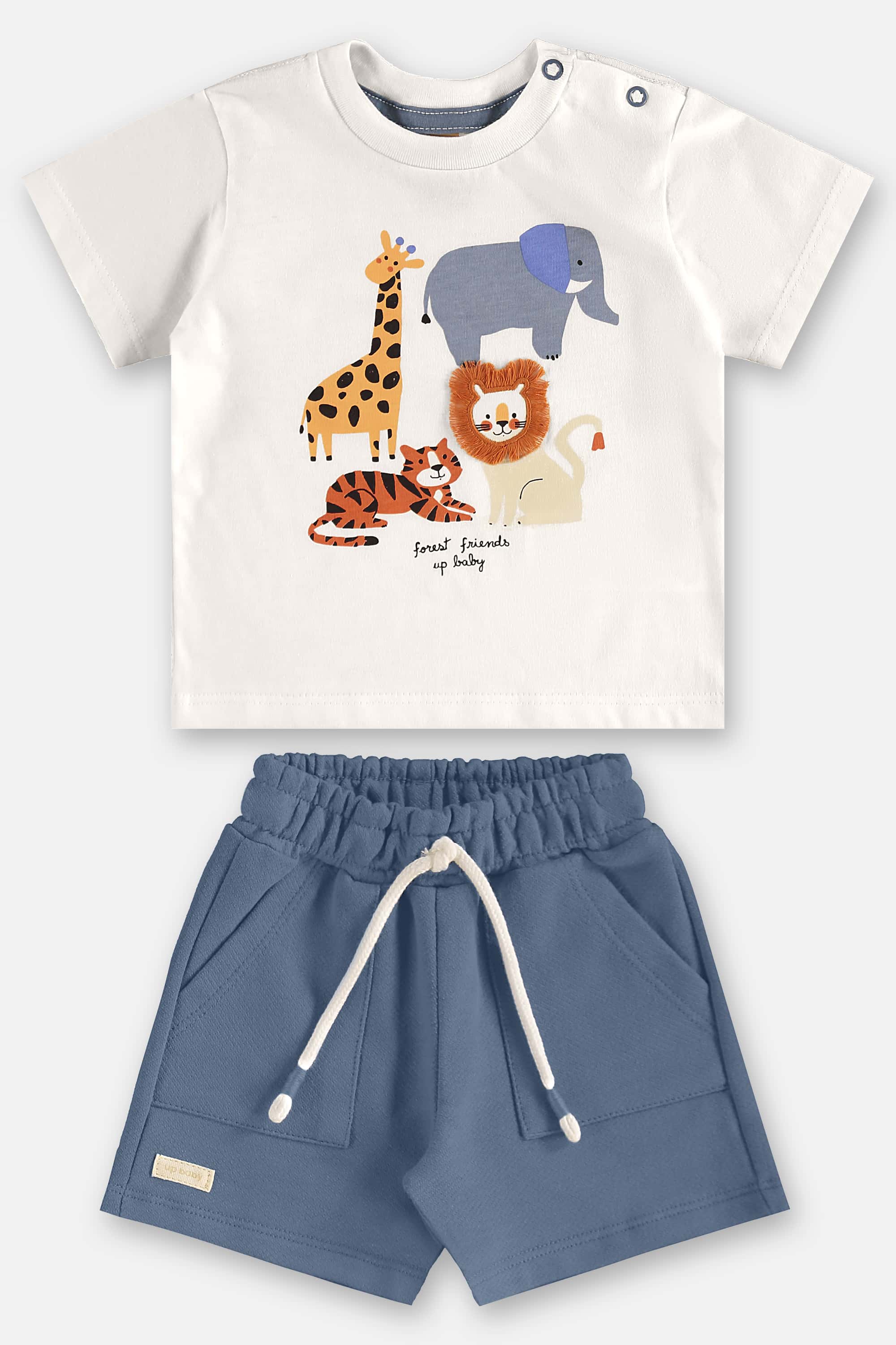 Conjunto com Camiseta Bichinhos e Bermuda para Bebê Menino (Off White) Up Baby