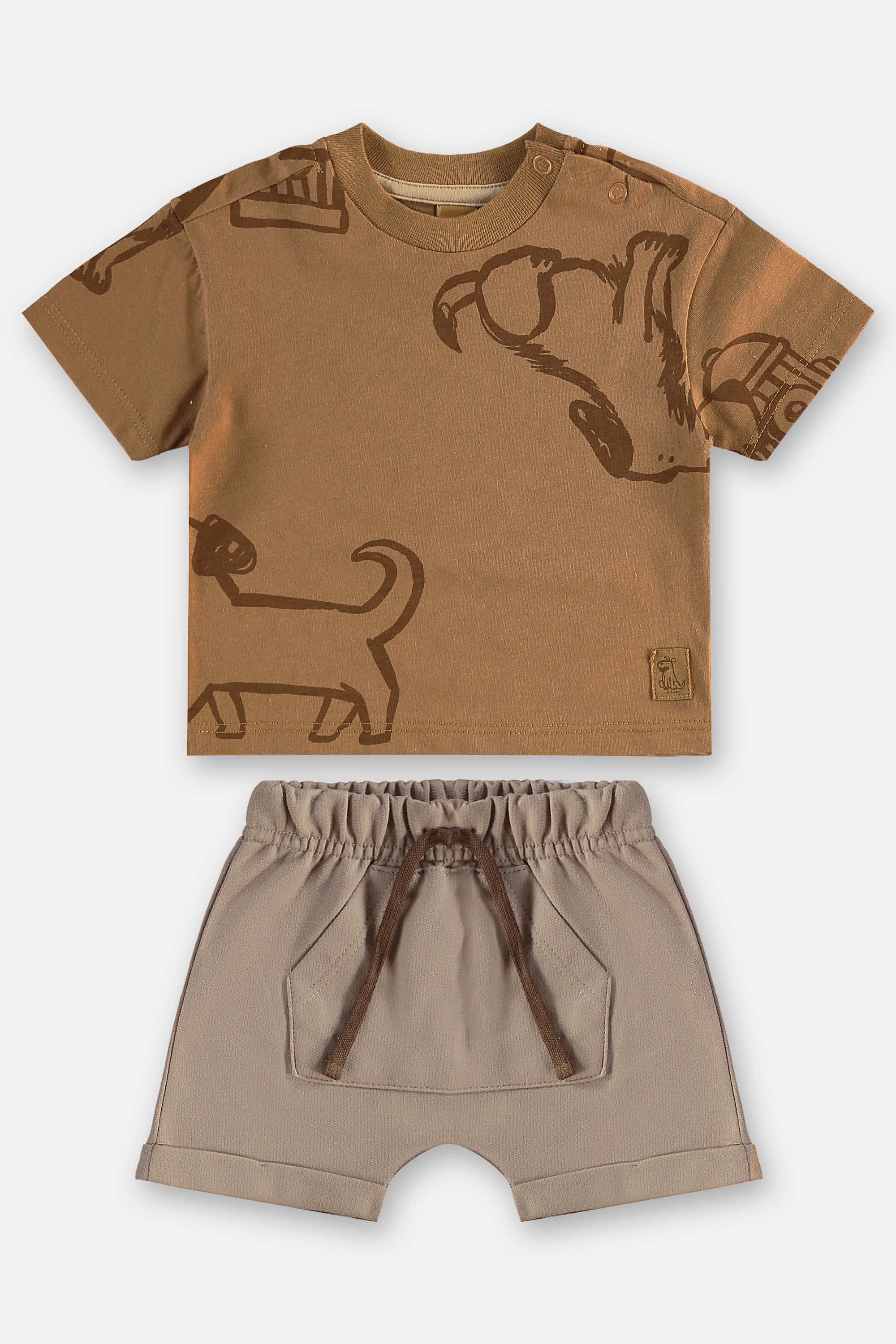 Conjunto com Camiseta Cachorrinho e Bermuda para Bebê Menino (Marrom) Up Baby