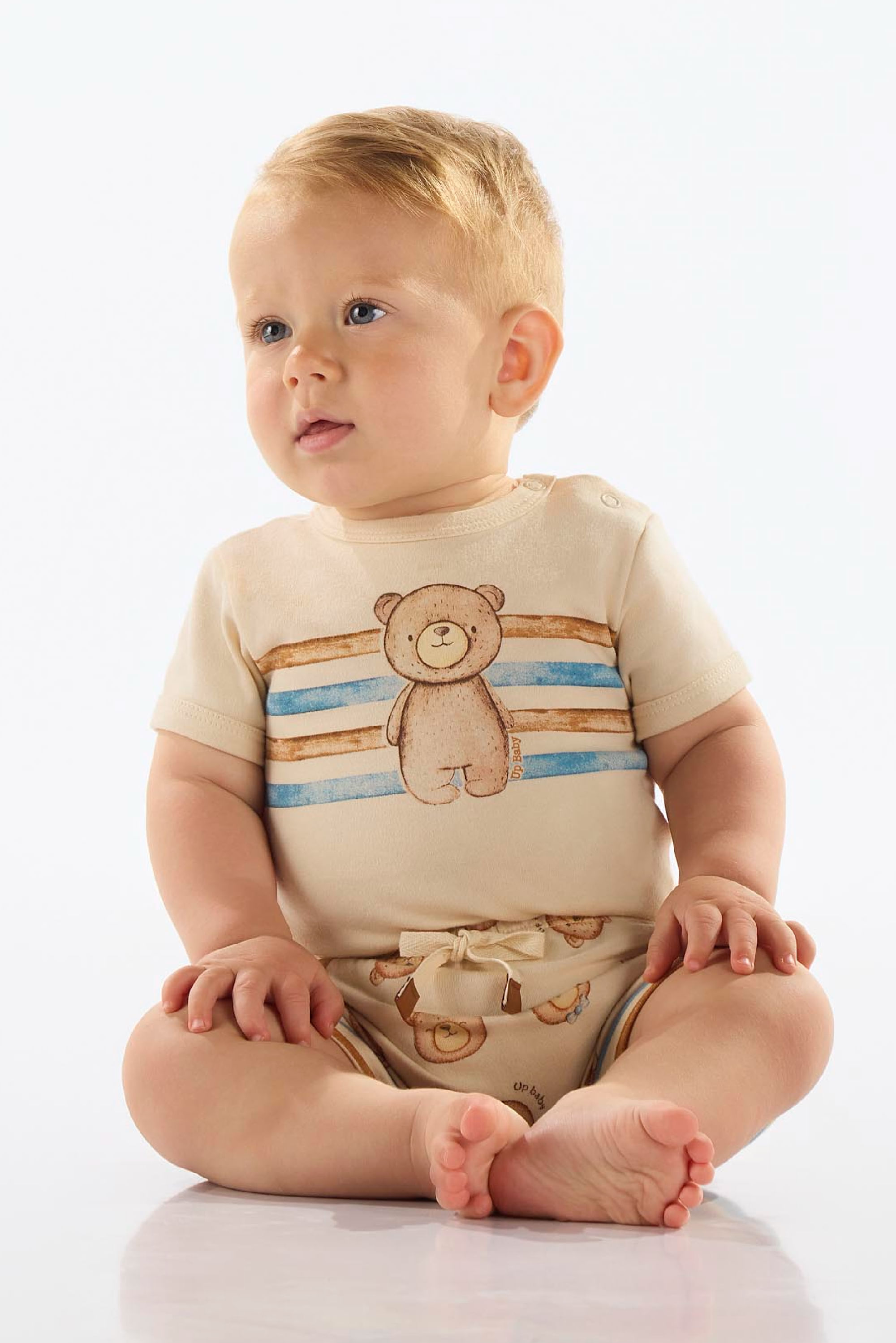 Conjunto Ursinho Listrado com Body e Short para Bebê Menino (Bege) Up Baby