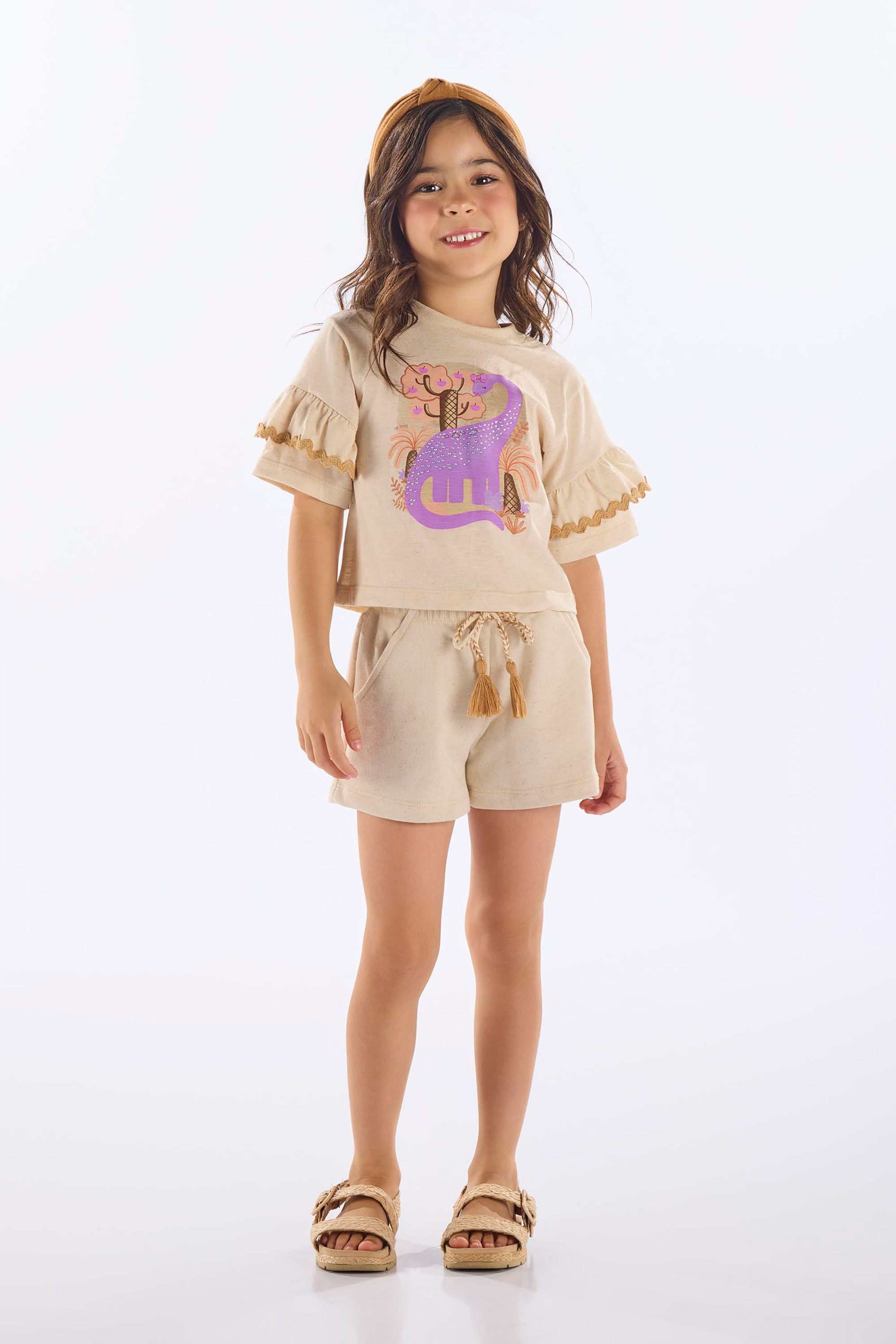 Conjunto com Blusa Dino e Short Infantil Feminino (Bege) Up Baby