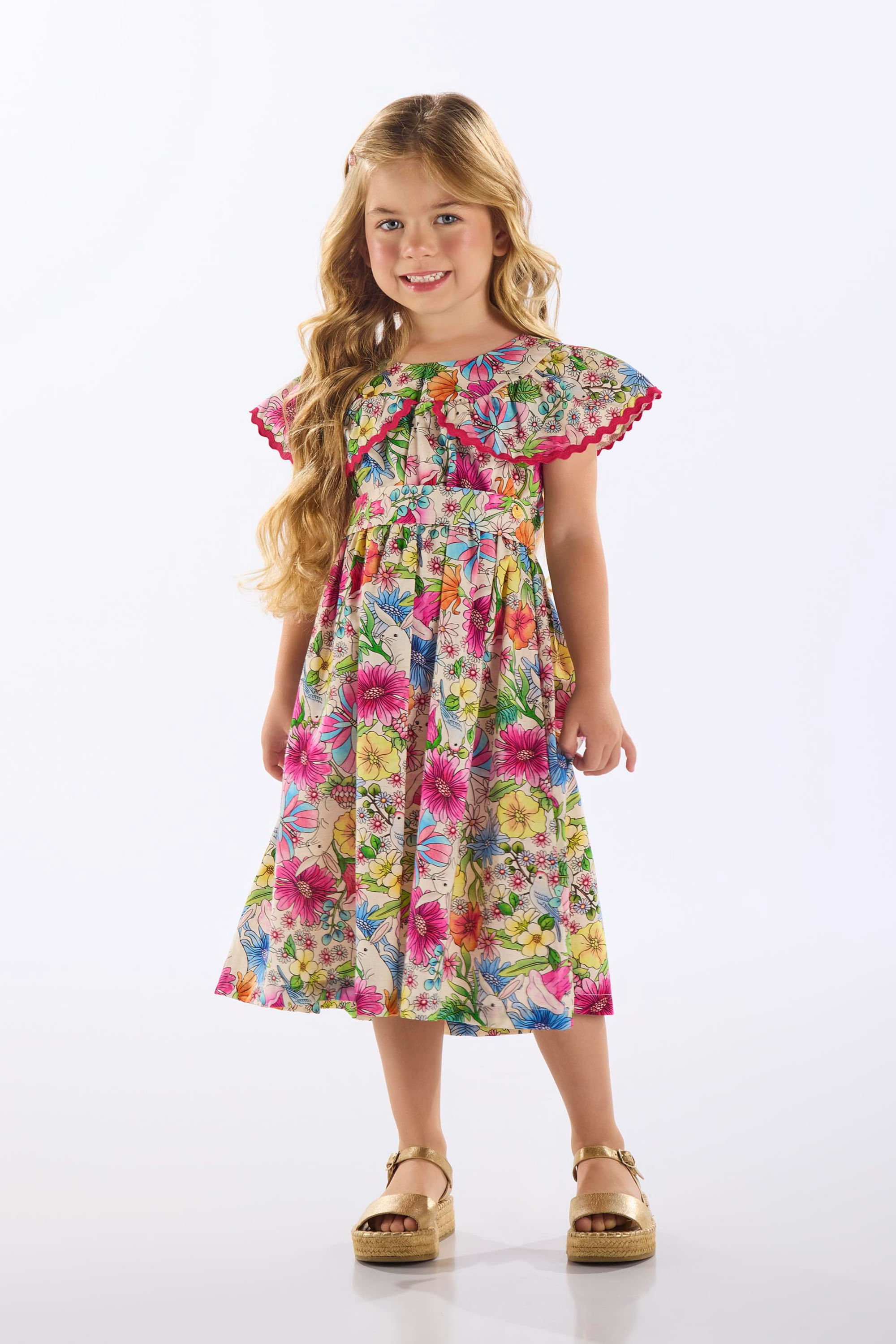 Vestido Floral Infantil em Viscose com Linho (Branco) Up Baby