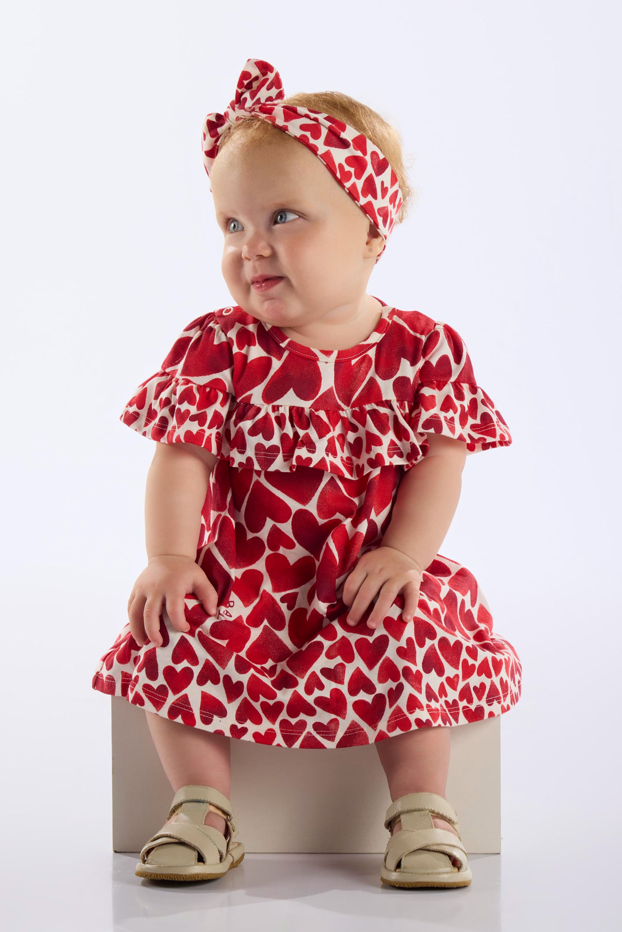 Vestido e Faixa Corações em Algodão para Bebê (Vermelho) Up Baby
