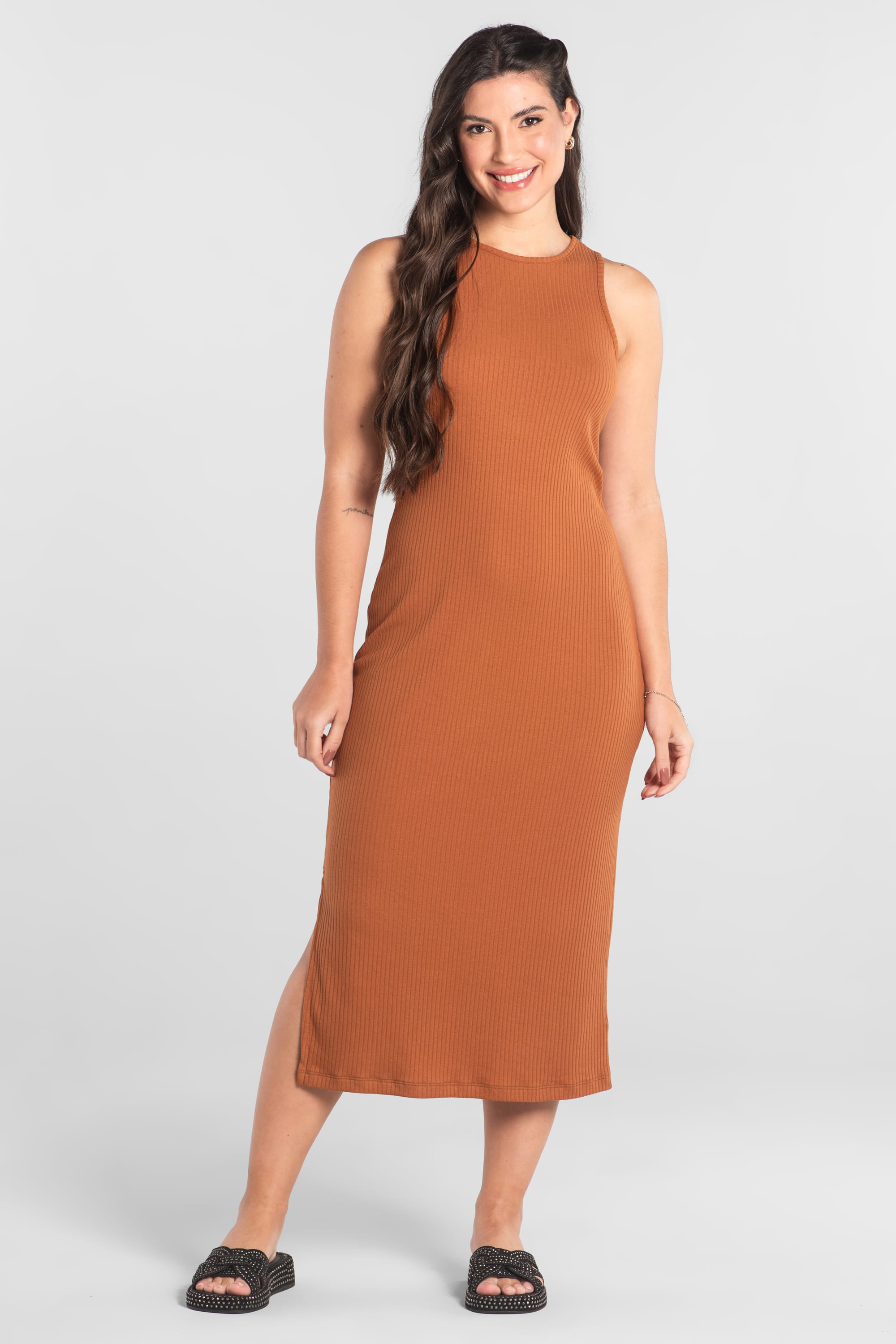 Vestido Regata Adulto em Ribana Canelada (Marrom) Just Basic - Imagem 3