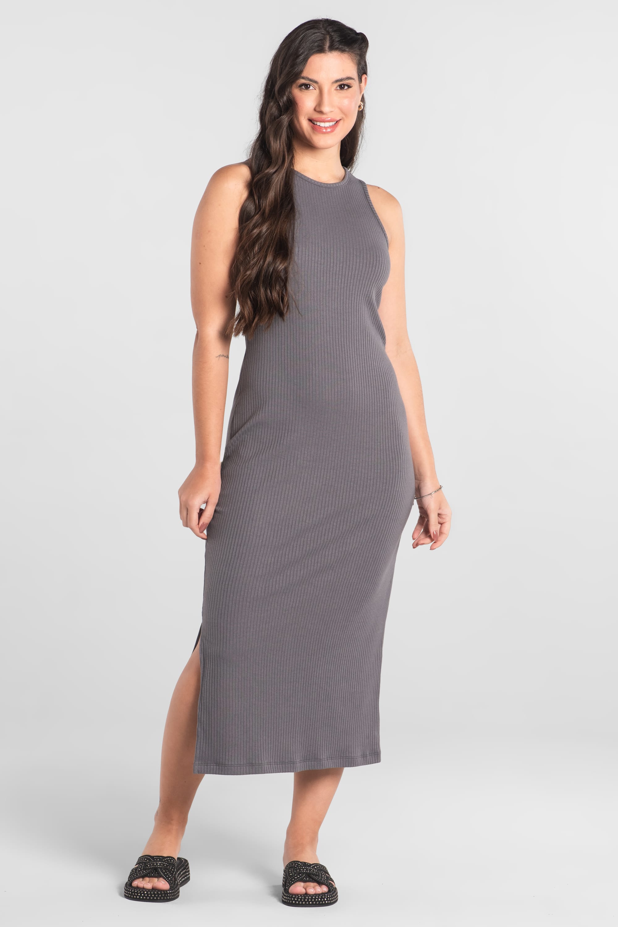 Vestido Regata Adulto em Ribana Canelada (Cinza Escuro) Just Basic - Imagem 5