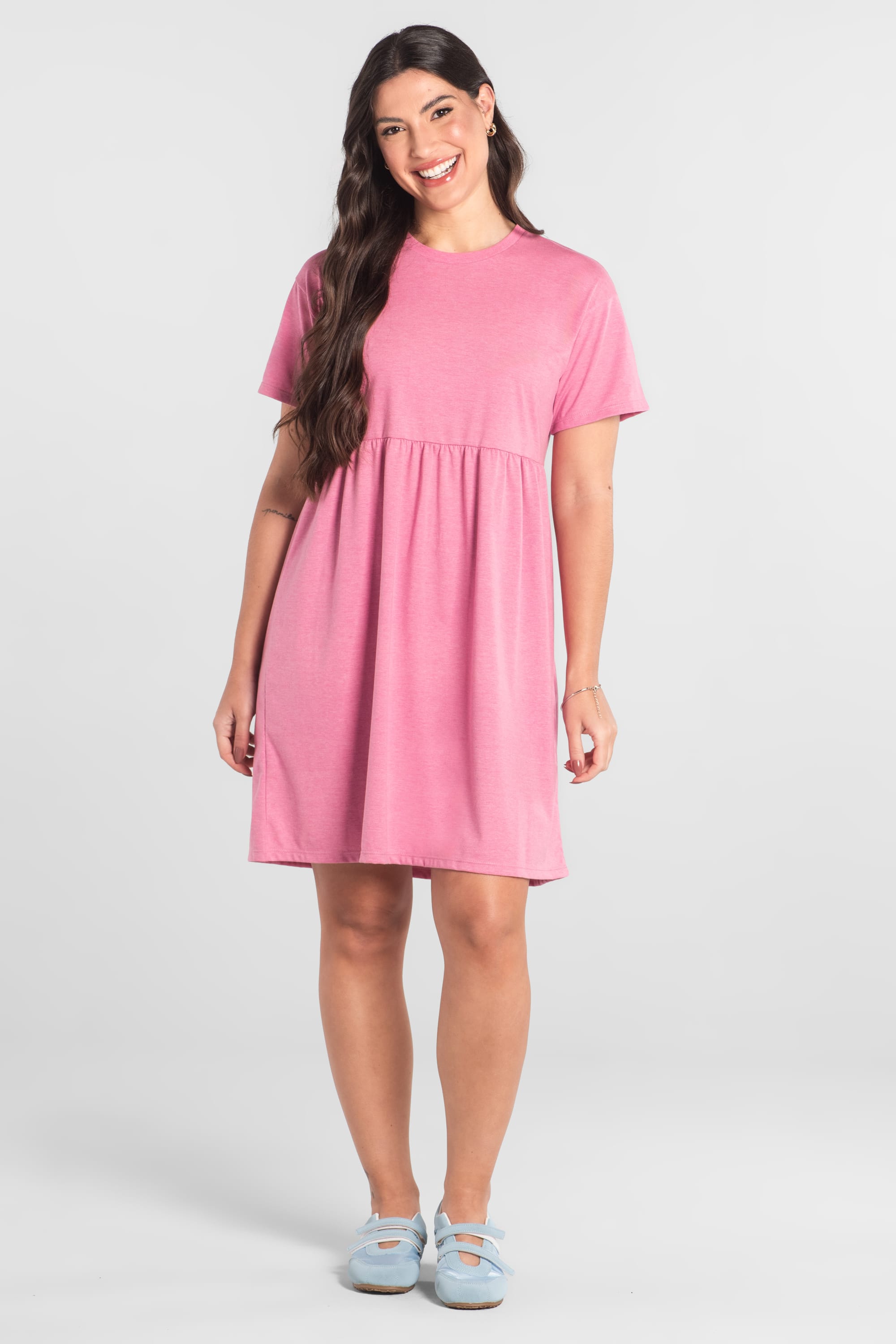 Vestido Feminino de Manga Curta em algodão (Rosa Neon) Just Basic