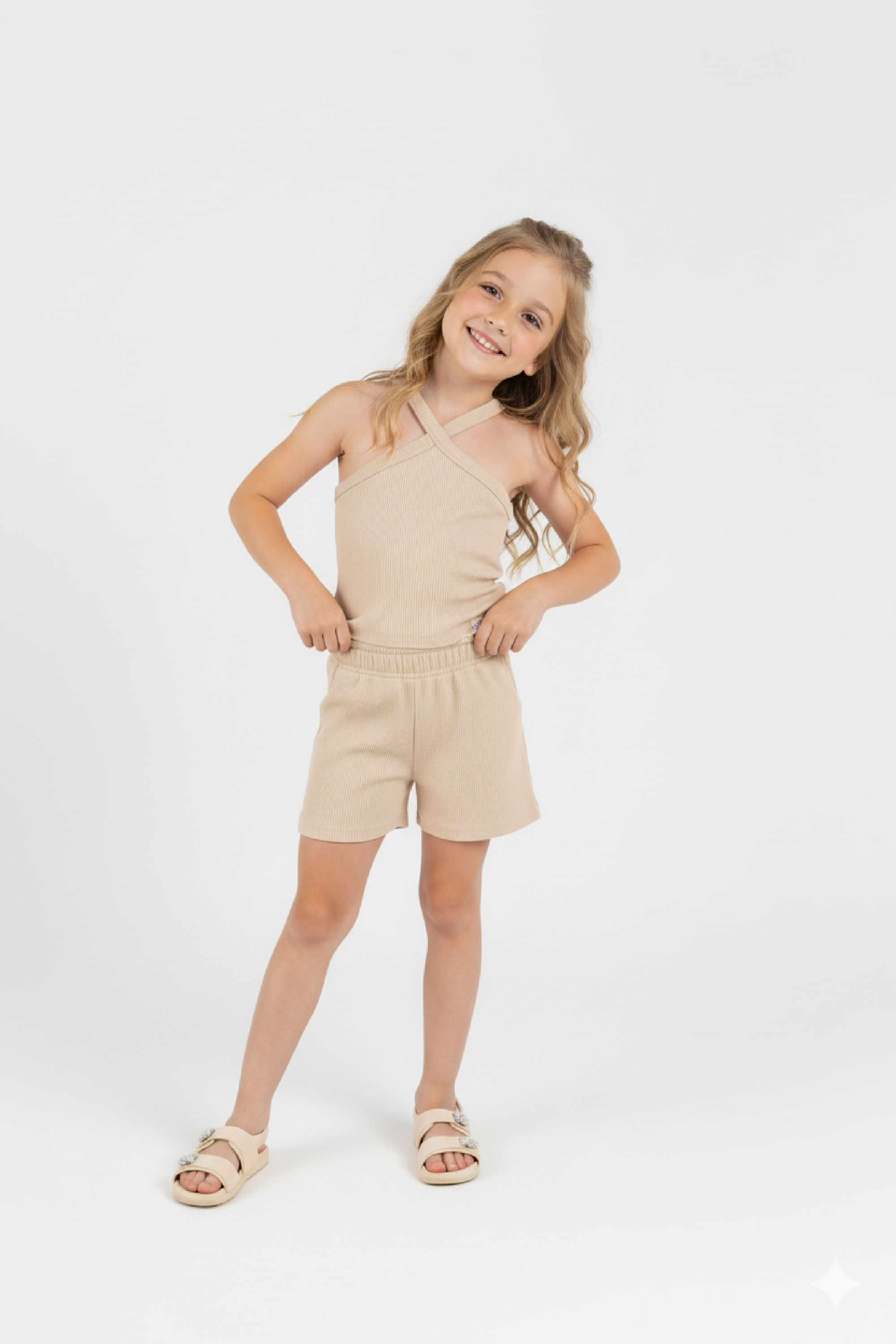 Conjunto Infantil Regata com Alça Cruzada e Short (Bege) Guloseima