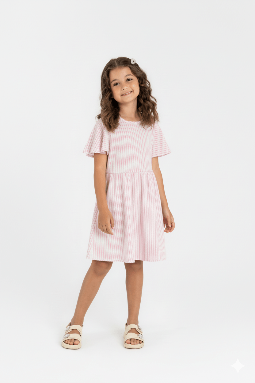 Vestido Infantil Manga Curta Listrado (Rosa) Guloseima