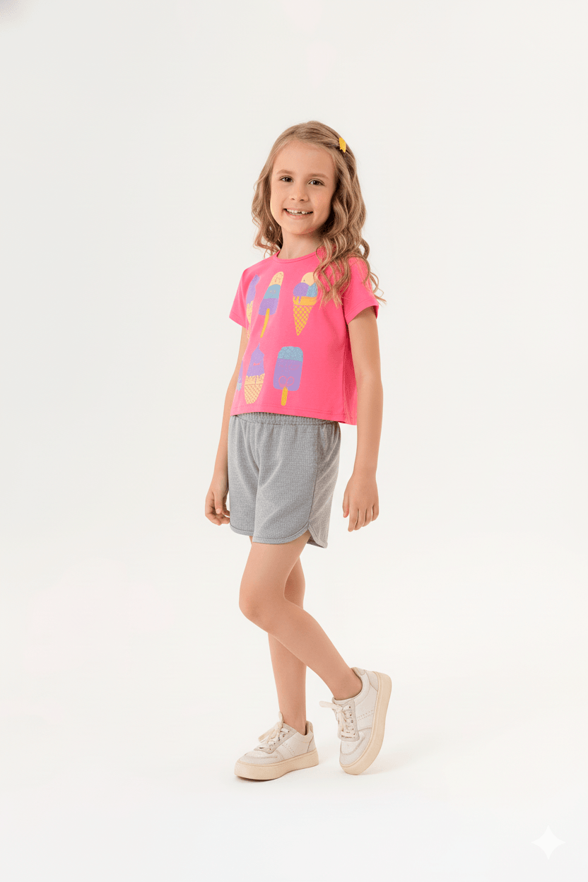 Conjunto Infantil para Menina com Blusa e Shorts (Rosa Pink) Guloseima
