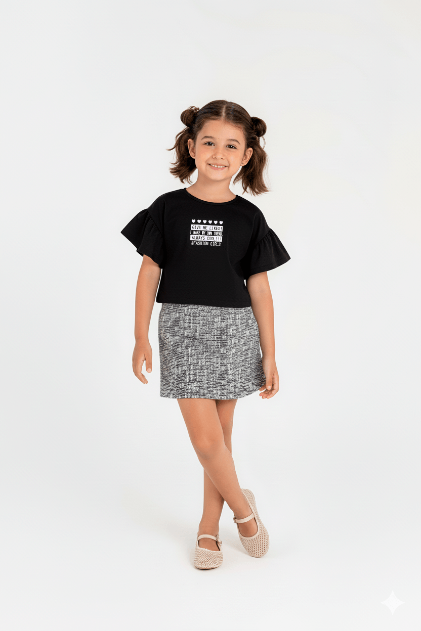 Conjunto Blusa e Short-Saia Infantil para Menina (Preto) Guloseima