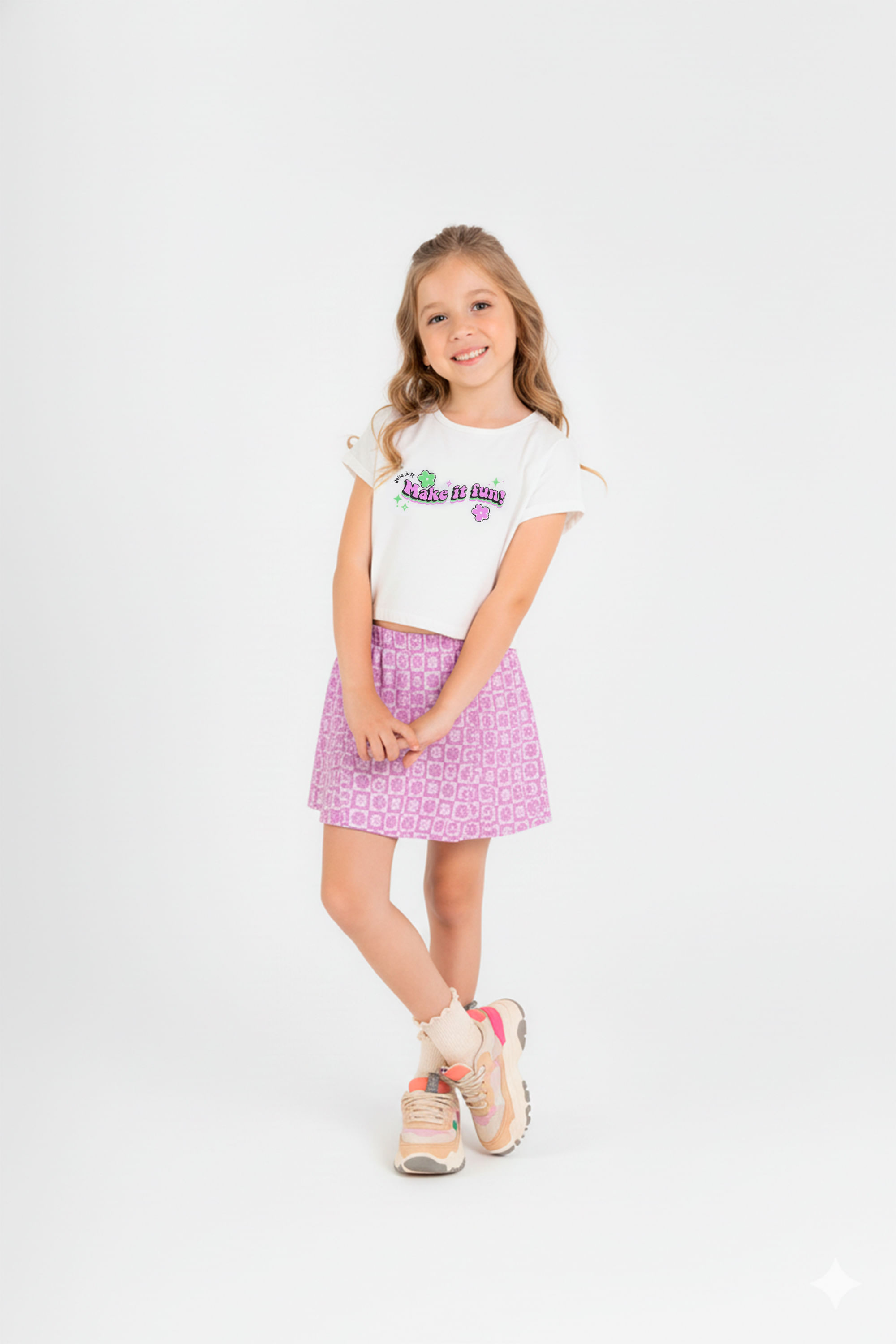 Conjunto Infantil para Menina com Blusa e Short-Saia (Off White) Guloseima
