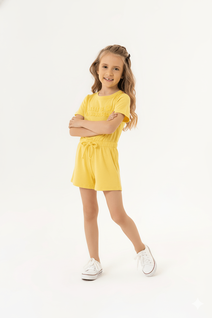 Macaquinho em Malha Canelada para Menina (Amarelo) Guloseima