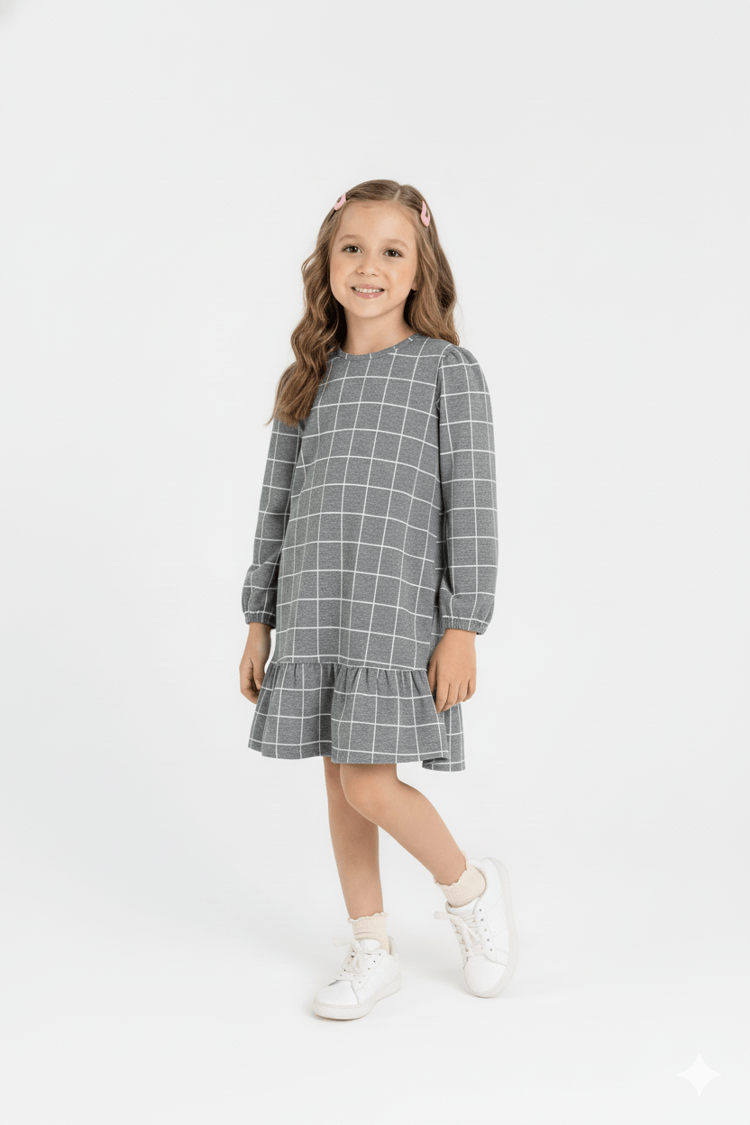 Vestido Infantil em Jacquard Xadrez (Cinza) Guloseima