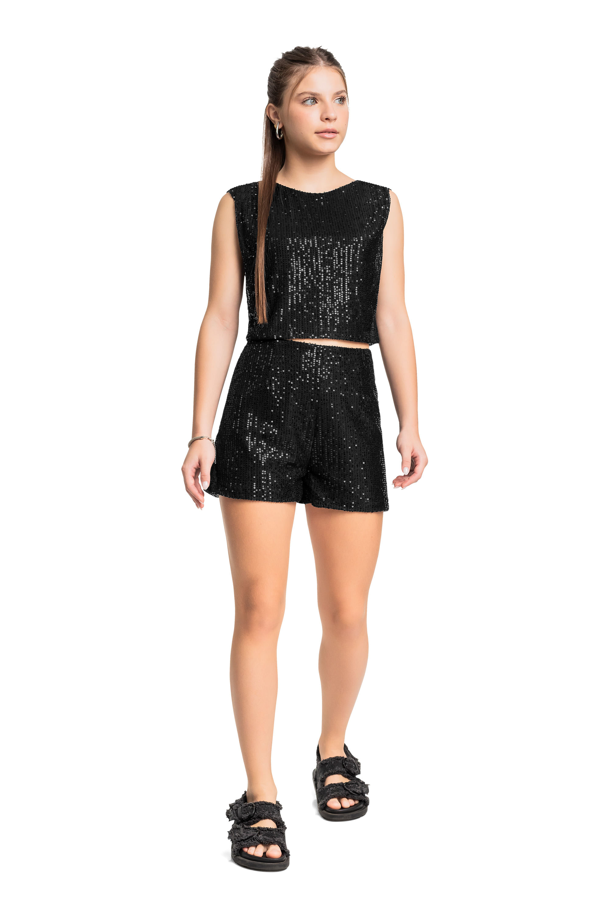 Conjunto Juvenil com Blusa e Short em Moletom para Menina (Preto) Gloss