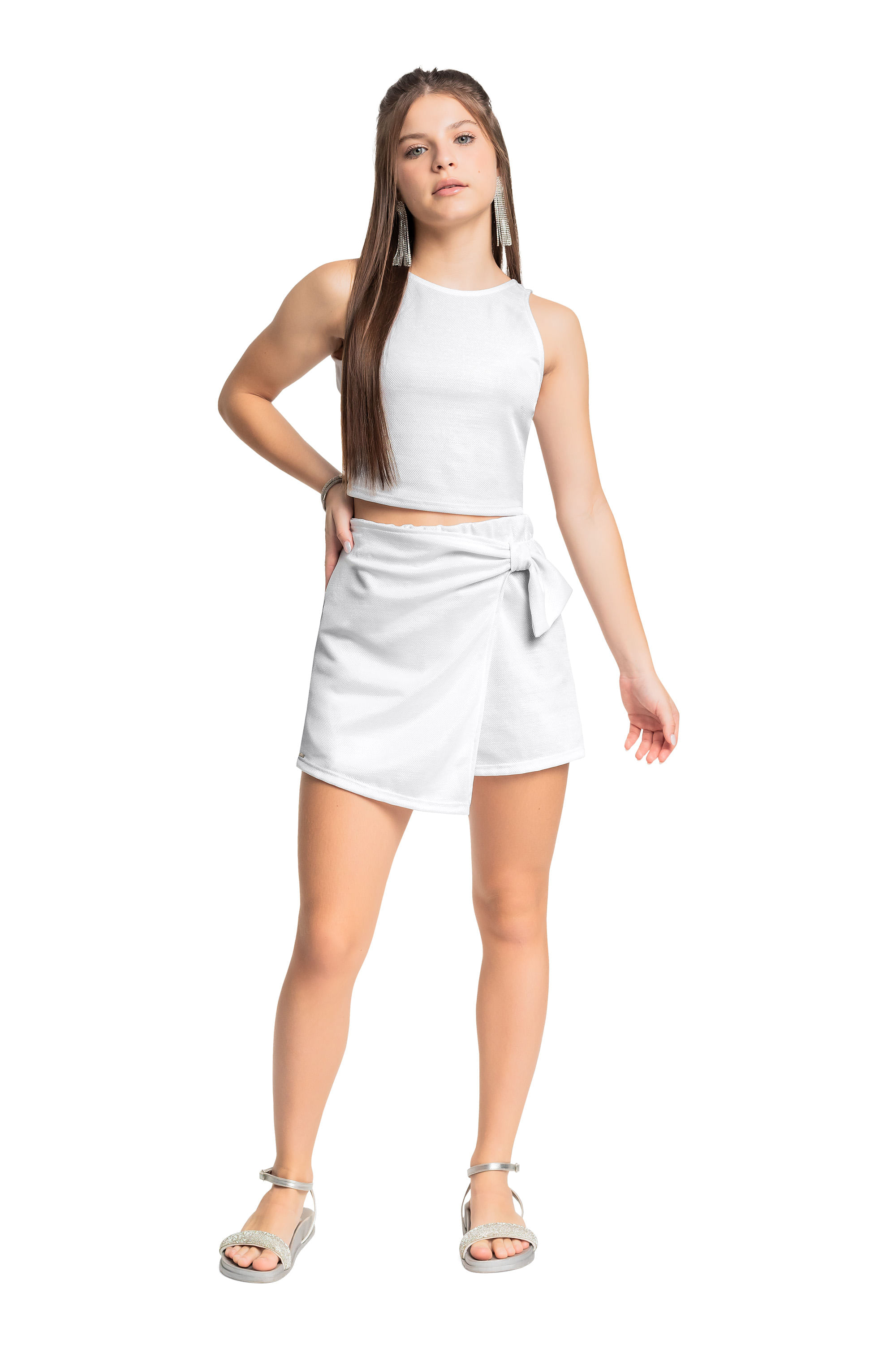 Conjunto Juvenil com Top e Short-Saia em Tecido com Brilho (Branco) Gloss
