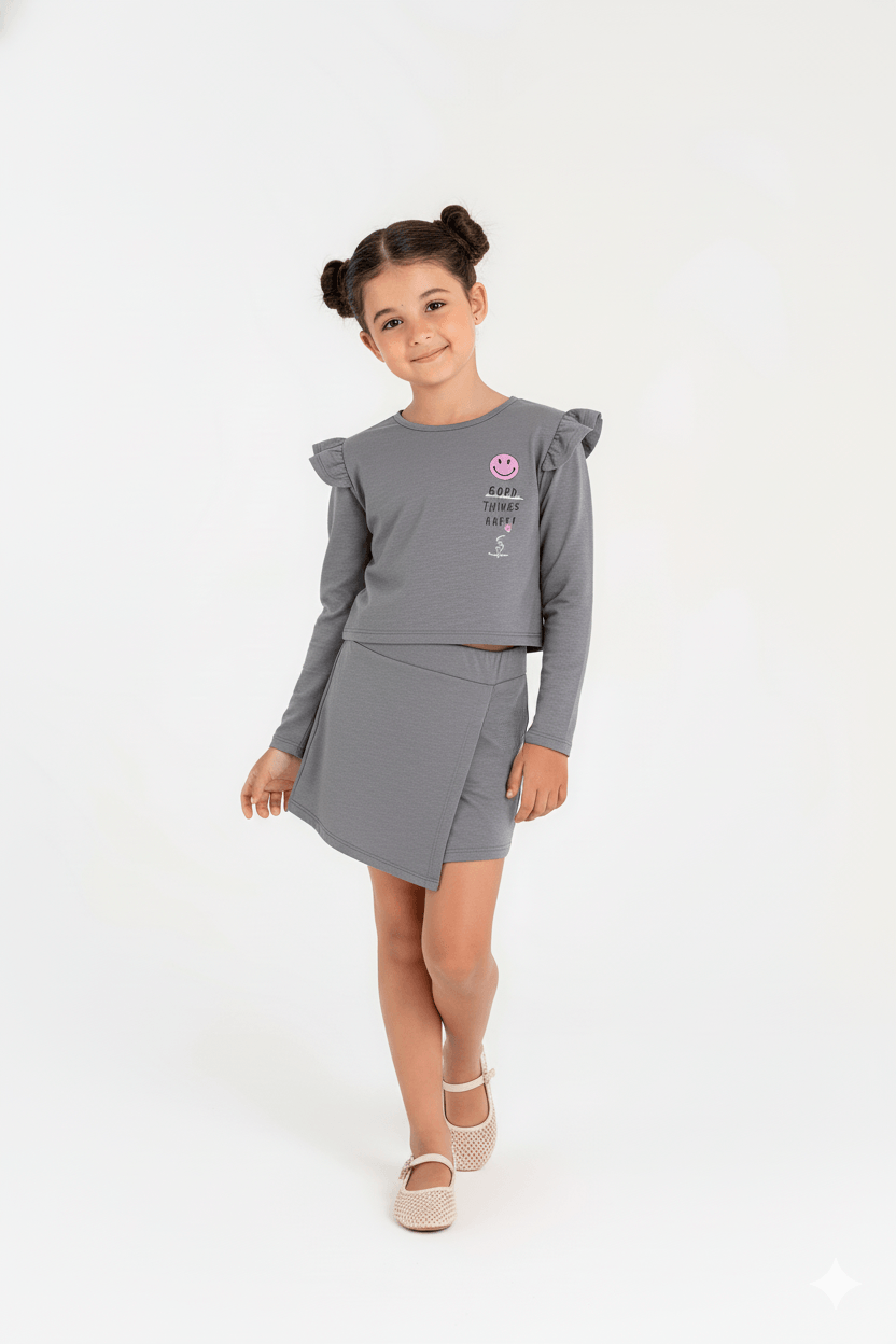 Conjunto com Blusão e Short-Saia Infantil (Cinza) Guloseima